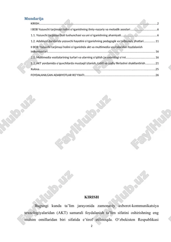 h uchun samarali vosita hisoblanadi. [0: shavkat mirziyoyev. “o‘zbekiston yangi taraqqiyot yo‘lida”. toshkent, 2018.] ayniqsa, adabiyot fanini o‘qitishda akt va multimedia vositalaridan foydalanish o‘quvchilarning mustaqil fikrlash, tahlil qilish va badiiy asarni chuqur anglash ko‘nikmalarini rivojlantirishda muhim ahamiyat kasb etadi. yozuvchi tarjimayi holini o‘rganish — adabiyot ta’limining ajralmas qismi bo‘lib, o‘quvchilarga yozuvchi hayoti, ijodiy faoliyati va uning asarlari yaratilishiga ta’sir etgan ijtimoiy hamda shaxsiy omillarni chuqur tushuntirishga xizmat qiladi. shu jarayonda zamonaviy multimedia texnologiyalaridan foydalanish darsni yanada qiziqarli, ta’sirchan va interaktiv shaklda tashkil etishga imkon beradi. audio va video materiallar, virtual ekskursiyalar, elektron taqdimotlar, onlayn testlar, viktorinalar hamda raqamli manbalar yordamida o‘quvchilar yozuvchi hayotini nafaqat nazariy, balki vizual va hissiy jihatdan ham chuqurroq idrok etadilar. akt vositalaridan foydalanish, avvalo, o‘qituvchining darsni yangi yondashuv asosida tashkil etishiga, o‘quvchilarni faollikka undashga, ularning ijodiy va tanqidiy tafakkurini rivojlantirishga xizmat qiladi. bu esa ta’limda “ko‘rsatma bilan o‘qitish”, “vizual o‘rganish”, “interaktiv muloqot” kabi tamoyillarni amalda ro‘yobga …