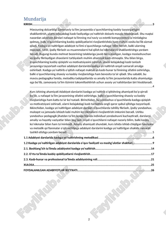 . taʼlim bosqichlarida adabiyot darslarini kasbga yo‘naltirish metodlarini o‘rganish, ularning samaradorligini tahlil qilish va amaliy tavsiyalar ishlab chiqishdir. adabiyot taʼlimining nazariy asoslarini o‘rganish, kasbga yo‘naltirilgan metodlarni aniqlash, maktab va kasb-hunar kollejlaridagi amaliy tajribani o‘rganish hamda o‘quvchilarning kasbga yo‘naltirilgan adabiyotga bo‘lgan qiziqishini aniqlash belgilangan. tadqiqot obyekti sifatida taʼlim jarayoni, predmeti sifatida esa adabiyot darslarida kasbga yo‘naltirish metodlari tanlangan. adabiyotni kasbga yo‘naltirishni zamonaviy pedagogik metodlar bilan bog‘lab, o‘quvchilarning kasbiy qobiliyatlarini rivojlantirishga qaratilgan samarali yo‘nalishlarni ochib beradi. amaliy ahamiyati esa adabiyot darslarini kasbga yo‘naltirilgan shaklda tashkil etish bo‘yicha o‘qituvchilarga tavsiyalar berishdan iborat. [0: o‘zbekiston respublikasi prezidentining “ta’lim sohasini rivojlantirish chora-tadbirlari to‘g‘risida”gi qarori, 2017.] mavzuning dolzarbligi zamonaviy taʼlim jarayonida o‘quvchilarning kasbiy tayyorgarligini shakllantirish, ularni kelajakdagi kasb faoliyatiga yo‘naltirish dolzarb masala hisoblanadi. shu nuqtai nazardan adabiyot darslari nafaqat taʼlimning maʼnaviy va estetik komponentini taʼminlabgina qolmay, balki o‘quvchilarning kasbiy qobiliyatlarini rivojlantirishda ham muhim vosita bo‘lib xizmat qiladi. kasbga yo‘naltirilgan adabiyot taʼlimi o‘quvchilarga nafaqat bilim berish, balki …