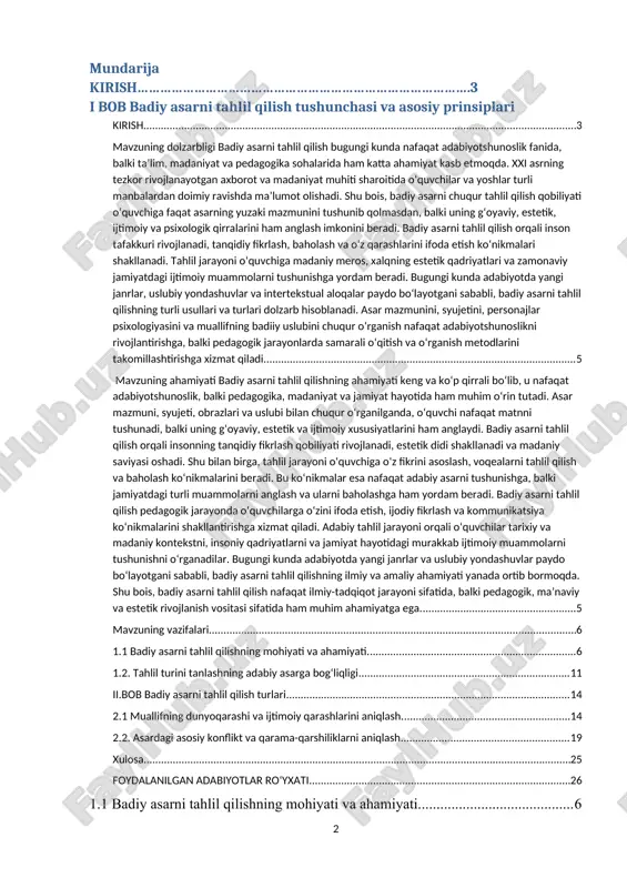 hlil qilishning turli usullari mavjud bo‘lib, ular orasida mazmunan tahlil, struktural tahlil, stilistik tahlil, xarakterologik tahlil, ijtimoiy-hayotiy tahlil, intertekstual va psixologik-estetik tahlil kabi yondashuvlar keng qo‘llaniladi. har bir tahlil turi asarga turlicha qarashni, uning turli qirralarini ochib berishni ta’minlaydi. badiy asarni tahlil qilish turlarini o‘rganish va ularning o‘ziga xos xususiyatlarini batafsil yoritishdir. ishning vazifalari quyidagilardan iborat: badiy asarni tahlil qilish tushunchasi va asosiy prinsiplari bilan tanishish, tahlil turlarining har birini tahlil qilish metodlari bilan birga o‘rganish, amaliy metodlarni ko‘rib chiqish orqali badiy asarni chuqurroq anglash imkoniyatlarini aniqlash. badiy asarni tahlil qilish nafaqat adabiy jarayonni tushunishga yordam beradi, balki o‘quvchi va tadqiqotchiga asardagi estetik, ijtimoiy va axloqiy qadriyatlarni aniqlashga, zamonaviy adabiy tafakkur asoslarini shakllantirishga xizmat qiladi. shu nuqtai nazardan, badiy asarni tahlil qilishning mohiyati va uning turli turlarini o‘rganish ilmiy va amaliy jihatdan dolzarb hisoblanadi. mavzuning dolzarbligi badiy asarni tahlil qilish bugungi kunda nafaqat adabiyotshunoslik fanida, balki ta’lim, madaniyat va pedagogika …