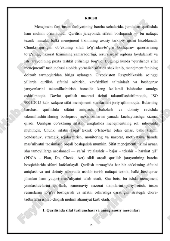 jihatdan ham yuqori mas’uliyatni talab etadi. shu bois, bu ishda menejment yondashuvlarini qo‘llash, zamonaviy nazorat tizimlarini joriy etish, inson resurslarini to‘g‘ri boshqarish va sifatni oshirishga qaratilgan strategik chora-tadbirlarni ishlab chiqish muhim ahamiyat kasb etadi. 1. qurilishda sifat tushunchasi va uning asosiy mezonlari qurilishda sifat tushunchasi — bu bajarilgan ishlarning belgilangan me’yorlar, texnik talablar, loyiha hujjatlari va standartlarga to‘liq mosligi bilan belgilanadigan ko‘rsatkichlar majmuasidir. sifat tushunchasi faqatgina materiallarning mustahkamligi yoki inshootning ko‘rkamligi bilan chegaralanmaydi. u qurilish jarayonining barcha bosqichlarini — loyihalash, qurilish ishlarini olib borish, nazorat qilish, yakuniy sinov va foydalanish jarayonlarini ham qamrab oladi. sifatli qurilish ob’ekti — bu xavfsizlik, mustahkamlik, uzoq muddatli foydalanish, ekologik barqarorlik hamda iqtisodiy samaradorlik talablariga javob beruvchi inshootdir. qurilishda sifatni ta’minlash va uni aniqlash murakkab, ko‘p bosqichli boshqaruv jarayonidir. ushbu jarayonda menejmentning roli beqiyosdir. sifat menejmenti tizimi yordamida tashkilot ishchi kuchi, materiallar, vaqt va moliyaviy resurslardan oqilona foydalanadi, jarayonni rejalashtiradi, nazorat qiladi hamda aniqlangan kamchiliklarni …