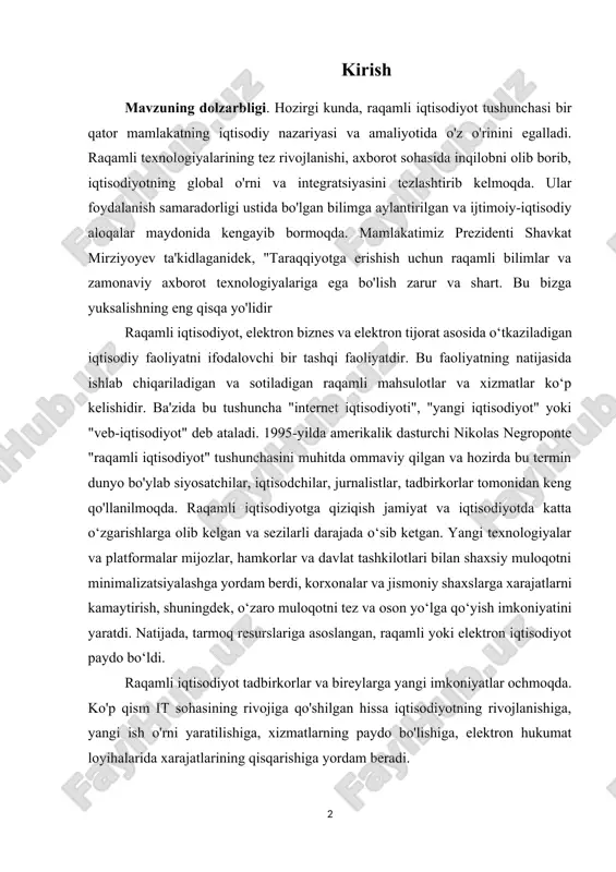 mkoniyatini yaratdi. natijada, tarmoq resurslariga asoslangan, raqamli yoki elektron iqtisodiyot paydo bo‘ldi. raqamli iqtisodiyot tadbirkorlar va bireylarga yangi imkoniyatlar ochmoqda. ko'p qism it sohasining rivojiga qo'shilgan hissa iqtisodiyotning rivojlanishiga, yangi ish o'rni yaratilishiga, xizmatlarning paydo bo'lishiga, elektron hukumat loyihalarida xarajatlarining qisqarishiga yordam beradi. kurs ishining predmeti — raqamli iqtisodiyotning mamlakat innovatsion rivojlanishidagi o‘rni, uning iqtisodiy tizimdagi integratsiyasi va samaradorligi. kurs ishining maqsadi: raqamli iqtisodiyotning mamlakat innovatsion rivojlanishiga ta'sirini o‘rganish, raqamli texnologiyalarni joriy etishning iqtisodiy va ijtimoiy ahamiyatini tahlil qilish. kurs ishining vazifasi: 1. raqamli iqtisodiyotning asosiy tamoyillari va konseptlarini aniqlash. 2. raqamli iqtisodiyotning innovatsion rivojlanishga qanday ta'sir qilishini o‘rganish. 3. raqamli texnologiyalarning ishlab chiqarish samaradorligi va raqobatbardoshlikni oshirishdagi rolini tahlil qilish. 4. mamlakatlardagi raqamli iqtisodiyotga asoslangan innovatsiyalarni muvaffaqiyatli amalga oshirishning strategiyalarini ko‘rib chiqish. kurs ishining obyekti — raqamli iqtisodiyot va uning mamlakatlar o‘rtasidagi innovatsion rivojlanishga ta’siri, shu jumladan texnologik innovatsiyalar, raqamli infratuzilma va ularning iqtisodiyotdagi o‘rni. kurs ishining tuzilishi: kurs …