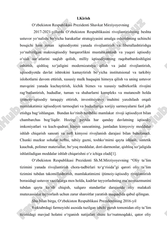 hora-tadbirlari toʻgʻrisida”gi qarori oliy ta’lim tizimini tubdan takomillashtirish, mamlakatimizni ijtimoiy-iqtisodiy rivojlantirish borasidagi ustuvor vazifalarga mos holda, kadrlar tayyorlashning ma’no-mazmunini tubdan qayta koʻrib chiqish, xalqaro standartlar darajasida oliy malakali mutaxassislar tayyorlash uchun zarur sharoitlar yaratish maqsadida qabul qilingan. shu bilan birga, oʻzbekiston respublikasi prezidentining 2016-yil 8-oktabrdagi farmoyishi asosida tuzilgan ishchi guruh tomonidan oliy ta’lim tizimidagi mavjud holatni oʻrganish natijalari shuni koʻrsatmoqdaki, qator oliy ta’lim muassasalarida ilmiy-pedagogik salohiyat hanuz past darajada qolmoqda, ta’lim jarayonining oʻquv-metodik va axborot ta’minoti zamonaviy talablarga mos emas, moddiy-texnik baza tizimli ravishda yangilanishga muhtoj. oliy ta’lim tizimida oʻquv jarayoniga ilgʻor xalqaro tajribani keng joriy etish, yetakchi xorijiy turdosh ilmiy-ta’lim muassasalari bilan yaqin hamkorlik aloqalarini yoʻlga qoʻyish orqali pedagog va ilmiy kadrlar malakasini oshirish borasidagi ishlar talab darajasida olib borililishi yoʻlga qoʻyilgan. qabul qilingan qarorga koʻra, quyidagilar oliy ta’lim tizimini kelgusida kompleks rivojlantirishning eng muhim vazifalari etib belgilandi: har bir oliy ta’lim muassasasi tomonidan xorijdagi yetakchi turdosh ilmiy-ta’lim muassasalari …