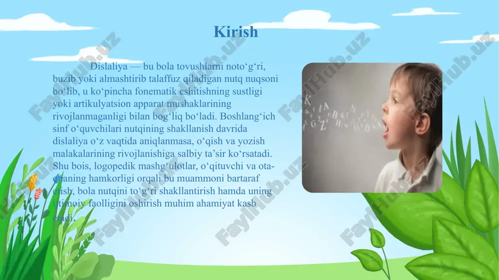 a namuna sifatida salbiy ta’sir ko‘rsatadi. bundan tashqari, eshitishning pasayishi yoki fonematik eshitishning sust rivojlanishi ham dislaliya rivojlanishining muhim sabablaridan biridir. boshlang‘ich sinf o‘quvchilarida dislaliya ko‘pincha ayrim tovushlarni tushirib qoldirish yoki bir tovushni boshqasi bilan almashtirish orqali namoyon bo‘ladi. masalan, bola “r” tovushini “l” deb talaffuz qiladi yoki “sh” o‘rniga “s” deydi. shuningdek, tovushlarni cho‘zib aytish, so‘zlarni qayta-qayta takrorlash holatlari kuzatiladi. ba’zi bolalarda nutq rivojlanishining sekinlashuvi yoki logopedik kechikish kuzatiladi. bunday kamchiliklar natijasida o‘qish va yozish jarayonida tovushlarni farqlash qiyinlashadi, bu esa ularning savodxonlik darajasiga va o‘z fikrini aniq ifodalash qobiliyatiga salbiy ta’sir ko‘rsatadi. boshlang‘ich sinf o‘quvchisida dislaliya belgilari boshlang‘ich sinf o‘quvchilarida nutq buzilishini bartaraf etish yo‘llari dislaliya — bu bola tovushlarni noto‘g‘ri talaffuz qiladigan nutq buzilishi bo‘lib, u fonematik eshitishning sustligi yoki artikulyatsion apparatning rivojlanmaganligi natijasida yuzaga keladi. boshlang‘ich sinf davrida bu muammoni erta aniqlash va logopedik mashg‘ulotlar orqali tuzatish o‘ta muhimdir. o‘qituvchi, logoped va ota-onaning hamkorlikdagi yondashuvi natijasida …