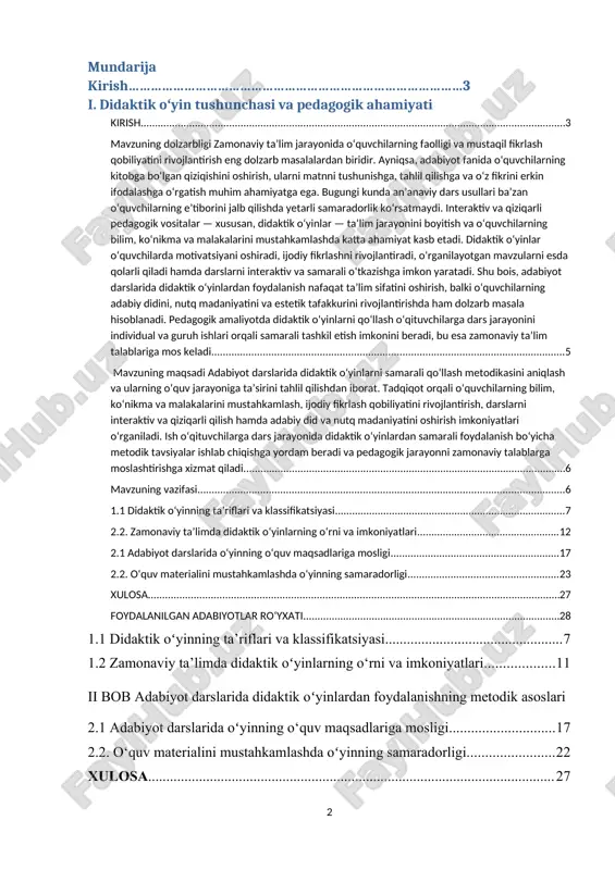 qiladi, o‘quvchilarning faolligini rag‘batlantiradi va ta’lim jarayoniga nisbatan ijobiy munosabatni kuchaytiradi. [0: o‘zbekiston respublikasi prezidentining qarori. “ta’lim sifatini oshirish va maktablarda pedagogik jarayonni modernizatsiya qilish chora-tadbirlari to‘g‘risida” pq–5356-son, toshkent, 2020. +] an’anaviy dars usullari ba’zan o‘quvchilarning e’tiborini jalb qilishda yetarli samaradorlik ko‘rsatmaydi, shuning uchun interaktiv va qiziqarli pedagogik vositalar — xususan, didaktik oʻyinlar — ta’lim jarayonini boyitish va o‘quvchilarning bilim, ko‘nikma hamda malakalarini mustahkamlashda katta ahamiyat kasb etadi. didaktik oʻyin — bu o‘quvchilarning bilim, ko‘nikma va malakalarini shakllantirish hamda mustahkamlash jarayonida qiziqarli va interaktiv shaklda tashkil etiladigan faoliyat bo‘lib, u o‘quvchilarda faollikni oshiradi, ijodiy fikrlashni rivojlantiradi va darslarni esda qolarli qiladi. adabiyot darslarida didaktik oʻyinlardan foydalanish nafaqat o‘quv jarayonini boyitadi, balki o‘quvchilarning adabiy didini shakllantirish, nutq madaniyatini rivojlantirish va estetik tafakkurini mustahkamlashda ham muhim ahamiyatga ega. adabiyot darsi, predmeti esa dars jarayonida didaktik oʻyinlardan foydalanishning pedagogik va metodik jihatlari hisoblanadi. adabiyot darslarida didaktik oʻyinlarni samarali qo‘llash metodikasini aniqlash va ularning …