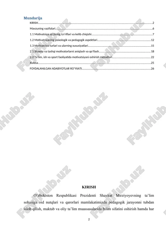 a bog‘liqdir. motivatsiyani o‘rganish nafaqat psixologiya, balki pedagogika, menejment, iqtisodiyot va boshqa ijtimoiy fanlar nuqtai nazaridan ham dolzarb hisoblanadi. motivatsiya so‘zi lotincha “movere” – “harakatlantirish” so‘zidan kelib chiqqan bo‘lib, insonning ichki va tashqi omillarga javoban faoliyat ko‘rsatishi jarayonini ifodalaydi. motivatsiya tushunchasining dolzarbligi bir necha jihatlar bilan izohlanadi. shaxsiy rivojlanish nuqtai nazaridan, motivatsiya insonni o‘z-o‘zini rivojlantirishga, yangi bilim va ko‘nikmalarni egallashga, shuningdek, maqsad va rejalarga erishishga yo‘naltiradi. ichki, ya’ni intrinsik motivatsiya, shaxsning ichki qiziqishlari, o‘z-o‘zini takomillashtirish istagi va shaxsiy qoniqishi orqali shakllanadi. bu turdagi motivatsiya barqaror va mustahkam faoliyatni rag‘batlantiradi, insonning ijodiy va mustaqil qaror qabul qilish qobiliyatini o‘rganilgan mavzularni amalda qo‘llashga bo‘lgan intilishiga bevosita ta’sir qiladi. o‘qituvchi pedagogik jarayonda motivatsiyani to‘g‘ri aniqlay bilsa, o‘quvchilarning individual qobiliyatlarini inobatga olgan holda o‘quv jarayonini samarali tashkil etishi mumkin. ish va professional faoliyatda motivatsiya, xususan ekstrinsik motivatsiya, mukofotlar, ijtimoiy maqom, rag‘batlantirish tizimi orqali xodimlarning samaradorligini oshirish, tashkilot maqsadlariga erishishni tezlashtirish va jamoaviy ish sifatini …
