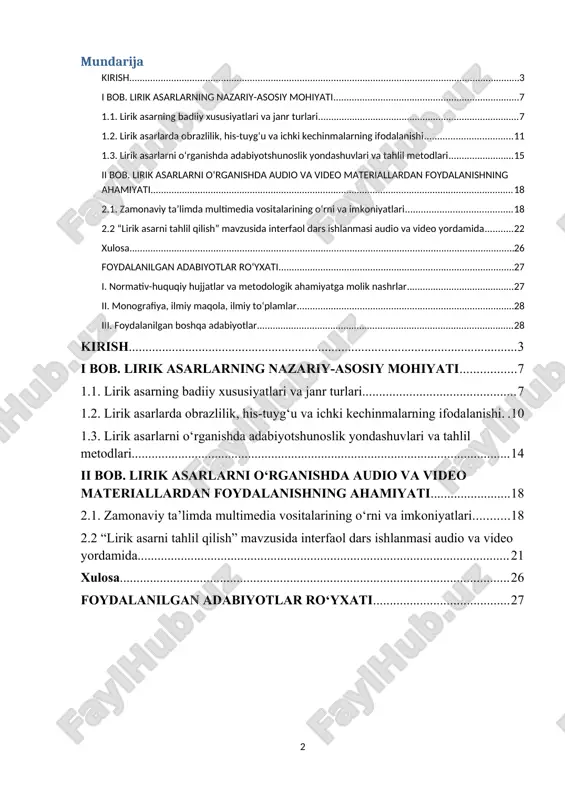 dalanish o‘quvchilarning faolligini oshiradi, ularni ijodkor shaxs sifatida shakllantiradi, shuningdek, dars jarayonini jonli, qiziqarli va samarali tashkil etish imkonini beradi. [0: o‘zbekiston respublikasi prezidenti sh. m. mirziyoyev. “yangi o‘zbekiston – maktab ostonasidan boshlanadi”. – toshkent o‘zbekiston, 2021.] mavzuning dolzarbligi bugungi kunda ta’lim tizimida zamonaviy axborot-kommunikatsiya texnologiyalaridan foydalanish o‘quv jarayonini samarali tashkil etishning muhim sharti hisoblanadi. ayniqsa, adabiyot fanini o‘qitishda innovatsion yondashuvlar, audio va video materiallardan foydalanish usullari o‘quvchilarning badiiy idrokini, his-tuyg‘usini va estetik didini rivojlantirishda katta ahamiyat kasb etadi. lirik asarlar inson qalbining eng nozik kechinmalarini, ichki dunyosini, orzu-umidlarini ifodalovchi janr bo‘lgani sababli, ularni o‘rganishda o‘quvchilarning nafaqat fikrlash, balki his etish, tasavvur qilish, tinglash va ko‘rish orqali asarni chuqurroq anglash imkoniyatini yaratish muhimdir. shu jihatdan audio va video materiallardan foydalanish lirik asarlarni tahlil qilishda yangi bosqichni boshlab beradi. audio materiallar yordamida o‘quvchi she’rni shoirning o‘z ovozida yoki badiiy ifoda bilan tinglash orqali asarning ichki ohangini, ruhiyatini chuqurroq sezadi. video lavhalar, …