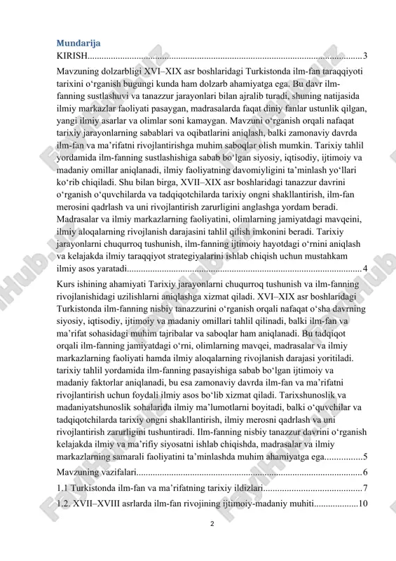 inlashtirgan asosiy omillar sifatida ko‘riladi. xvi–xix asr boshlarida turkistonda ilm-fan taraqqiyotidagi nisbiy tanazzur holatini aniqlash va uning asosiy sabablarini tahlil qilishdir. tadqiqotning vazifalari esa quyidagilarni o‘z ichiga oladi: birinchidan, turkistonda ilm-fanning tarixiy rivojlanish yo‘nalishlarini o‘rganish; ikkinchidan, xvi–xix asr boshlarida ilm-fan faoliyatidagi pasayish va tanazzur belgilarini aniqlash; uchinchidan, tanazzur sabablarini siyosiy, ijtimoiy, madaniy va iqtisodiy omillar nuqtai nazaridan tahlil qilish; to‘rtinchidan, tanazzur davrida ilm-fanni saqlash va davom ettirishga qaratilgan urinishlarni ko‘rib chiqish. tarixiy-tahliliy, solishtirma va manbalarni o‘rganishga asoslangan bo‘lib, asosiy manbalar sifatida tarixiy hujjatlar, arxiv materiallari, ilmiy maqolalar, monografiyalar va olimlarning tadqiqot natijalari qo‘llanilgan. ushbu ishning natijasi sifatida turkistonda ilm-fan taraqqiyoti tarixining nisbiy tanazzur davri chuqurroq tushuniladi, uning sabablari aniqlanadi va kelajakda ilm-fan sohas mavzuning dolzarbligi xvi–xix asr boshlaridagi turkistonda ilm-fan taraqqiyoti tarixini o‘rganish bugungi kunda ham dolzarb ahamiyatga ega. bu davr ilm-fanning sustlashuvi va tanazzur jarayonlari bilan ajralib turadi, shuning natijasida ilmiy markazlar faoliyati pasaygan, madrasalarda faqat diniy fanlar ustunlik …