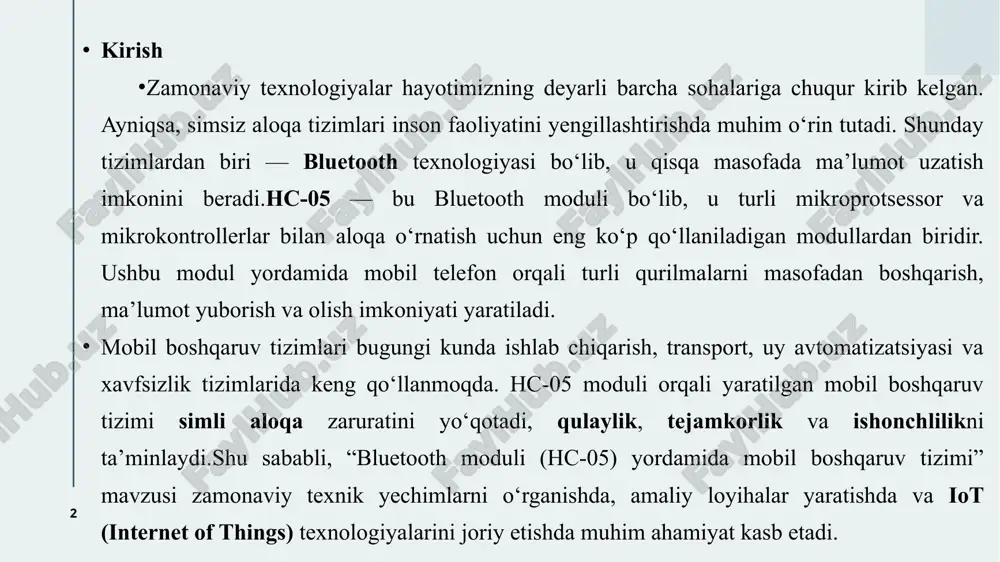 uzilishi va ishlash prinsipi hc-05 bluetooth moduli ixcham va oddiy tuzilishga ega bo’lib, uning asosiy komponentlari bluetooth chiplari, antennalar va interfeys pinlaridan iborat. modulning asosiy yadrosi csr bluecore 04-external chiplar tomonidan ta’minlanadi, bu chiplar cmos texnologiyasiga asoslangan va bluetooth 2.0+edr (enhanced data rate) standartini qo’llab-quvvatlaydi. chiplar 3 mbps tezlikda modulatsiya qilish imkoniyatiga ega bo’lib, 2.4 ghz chastota diapazonida ishlaydi. modulning o’lchamlari 12.7 mm × 27 mm ni tashkil etadi, bu uni kichik loyihalarda oson joylashtirishga imkon beradi. ichki tuzilishda integratsiyalashgan antenna mavjud bo’lib, u tashqi antennalarga muhtoj emas va signal sifatini ta’minlaydi. 5 modulning asosiy parametrlari va xususiyatlari hc-05 modulining asosiy parametrlari uning ishonchli va ko’p qirrali ishlatilishini ta’minlaydi. quvvat manbasi bo’yicha modul 3.6v dan 6v gacha ishlaydi, lekin tavsiya etilgan qiymat 5v bo’lib, bu arduino kabi standart platformalar bilan mos keladi. oqim sarfi aloqa holatida 40 ma atrofida, quvvatsiz rejimda esa 3 ma dan kam bo’ladi, bu energiya tejamkorlikni …