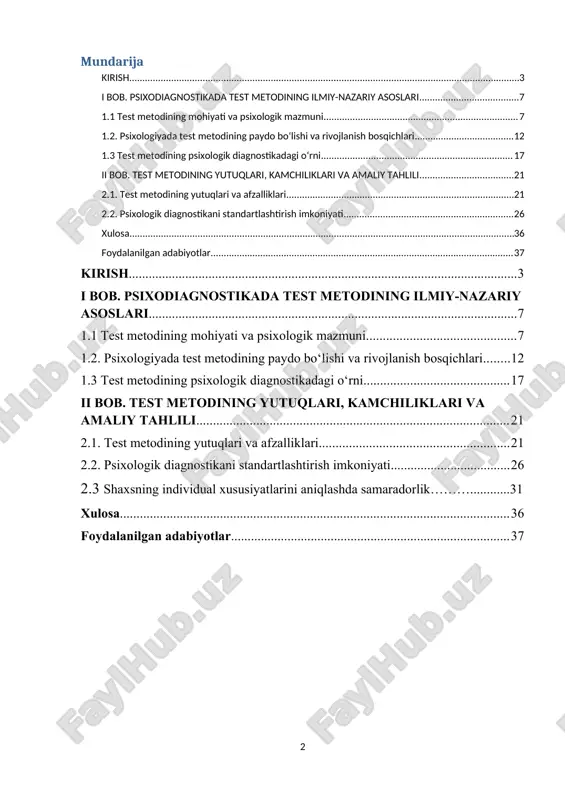 ni har tomonlama o‘rganish, uning ilmiy asoslarini mustahkamlash hamda amaliyotda to‘g‘ri qo‘llash mexanizmlarini ishlab chiqish bugungi kunda psixologiya fanining dolzarb masalalaridan biridir. mazkur kurs ishida test metodining nazariy asoslari, uning afzalliklari, amaliy qo‘llanish sohalari va mavjud kamchiliklari tahlil qilinadi, testlardan samarali foydalanish bo‘yicha taklif va tavsiyalar ishlab chiqiladi. [0: karimov, s. shaxsni baholash usullari. toshkent o‘zbekiston davlat universiteti nashriyoti, 2020-yil.] mavzuning dolzarbligi hozirgi davrda psixologiya fanida shaxsni o‘rganish, uning individual xususiyatlari, bilim, ko‘nikma va qobiliyatlarini aniqlashga bo‘lgan ehtiyoj ortib bormoqda. ayniqsa, ta’lim, kadrlar tanlash, kasbiy yo‘naltirish va psixologik maslahat sohalarida test metodlari asosiy diagnostik vosita sifatida keng qo‘llanilmoqda. shu bois test metodining yutuq va kamchiliklarini o‘rganish masalasi bugungi kunda dolzarb ilmiy va amaliy ahamiyat kasb etadi. chunki har qanday psixologik test inson shaxsini baholashda muhim rol o‘ynaydi, biroq uning natijalarining to‘g‘riligi testning tuzilishi, o‘tkazilish sharoiti va talqin qilish usuliga bog‘liq. agar test noto‘g‘ri ishlab chiqilgan yoki noaniq sharoitda o‘tkazilgan bo‘lsa, …