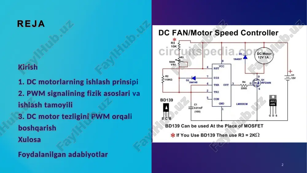 . yuk oshganda oqim ortib, qarshi emf kamayadi, tezlik pasayadi uchinchi omil magnit maydon kuchi (φ). maydon kuchayganda tezlik pasayadi, chunki formula teskari proporsional to'rtinchi omil armatura qarshiligi (r_a). past qarshilik yuqori tezlik beradi, ammo issiqlikni oshiradi, shuning uchun mis o'ramlar ishlatiladi. dc motor tezligi (n) bir necha omillar tomonidan belgilanadi va asosiy formula n = (u - i*r_a) / (k * φ) bo'yicha hisoblanadi, bu yerda u – quvvat manbai kuchlanishi, i – armatura oqimi, r_a – armatura qarshiligi, k – konstanta, φ – magnit oqimi. bu omillar motorning ishlashini optimallashtirishda muhim rol o'ynaydi. 7 beshinchi omil harorat: issiqlik oshganda qarshilik ortib, tezlik pasayadi, shuning uchun sovutish zarur 7 pwm signalining fizik asoslari va ishlash tamoyili impuls kengligini modulyatsiya qilish (pwm – pulse width modulation) texnologiyasi elektronika va avtomatlashtirish sohasida keng qo'llaniladigan usul bo'lib, u signallarni boshqarish va energiya oqimini samarali regulyatsiya qilish uchun asosiy vosita hisoblanadi. pwm signalining …