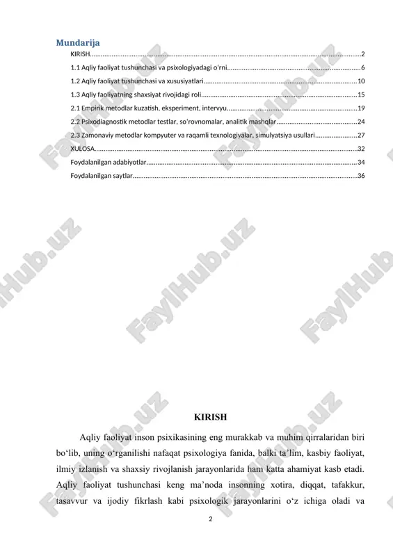 qliy faoliyatni o‘rganishdagi ilmiy yondashuvlar va metodikalar psixologiyaning turli yo‘nalishlarida keng qo‘llaniladi. empirik metodlar, eksperiment, kuzatish, intervyu, psixodiagnostik testlar va raqamli texnologiyalar yordamida insonning aqliy jarayonlari va ularning o‘zaro bog‘liqligi aniqlanadi. psixometriya va statistik tahlil metodlari aqliy faoliyatni aniq va ishonchli o‘lchash imkonini beradi. [0: abdukarimov, sh. psixologiya asoslari. toshkent o‘zbekiston respublikasi oliy va o‘rta maxsus ta’lim vazirligi, 2018.] mavzuning dolzarbligi aqliy faoliyatni o‘rganish zamonaviy psixologiya va pedagogika fanlarida dolzarb masalalardan biridir, chunki insonning intellektual salohiyatini aniqlash, rivojlantirish va samarali qo‘llash jamiyat rivoji va shaxsiy muvaffaqiyat uchun muhimdir. bugungi kunda ta’lim jarayonida o‘quvchilarning va talabalarining individual aqliy xususiyatlarini hisobga olgan holda o‘qitish metodikalarini ishlab chiqish muhim ahamiyatga ega. kasbiy faoliyatda aqliy jarayonlarni baholash va ularni rivojlantirish ish samaradorligini oshirish, muammolarga tez va to‘g‘ri yechim topishga yordam beradi. texnologik taraqqiyot va raqamli resurslarning keng qo‘llanilishi aqliy faoliyatni o‘rganishning yangi metodik yondashuvlarini talab qilmoqda. zamonaviy psixologik va pedagogik tadqiqotlar empirik tajribalar, eksperimentlar, …