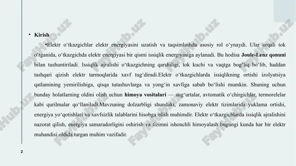 keyinchalik nemis fizigi emil lenz tomonidan 1842-yilda mustaqil ravishda tajriba asosida tasdiqlangan. qonunning asosiy mazmuni shundan iboratki, o‘tkazgich bir jinsli bo‘lsa va elektr tokining ishi faqat issiqlik hosil qilish uchun sarflansa, ajralgan issiqlik miqdori tok kuchi i ning kvadrati, o‘tkazgich qarshiligi r va tokning o‘tish vaqti t ga to‘g‘ri mutanosib bo‘ladi. 4 elektr qarshilik va o‘tkazgich materiali xususiyatlari elektr qarshilik – o‘tkazgichning elektr tokka qarshilik ko‘rsatish qobiliyatini ifodalovchi fizik kattalik bo‘lib, om birligida o‘lchanadi. u o‘tkazgichning geometrik o‘lchamlari va materialining ichki xususiyatlariga bog‘liq: r = ρl/s, bu yerda ρ – solishtirma qarshilik (om·m), l – uzunlik (m), s – kesim yuzasi (m²).solishtirma qarshilik materialning asosiy xususiyati bo‘lib, uning qiymati atomlarning tuzilishi va erkin elektronlar zichligiga bog‘liq. masalan, misning solishtirma qarshiligi 1,68×10^{-8} om·m ga teng bo‘lib, bu uni yaxshi o‘tkazgich qiladi, chunki misdagi erkin elektronlar soni yuqori va ularning harakati kam to‘sqinlikka duch keladi.o‘tkazgich materiallarining xususiyatlarini chuqur tahlil qilganda, ularni metallar,yarim …