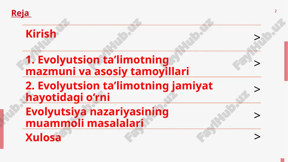 o‘ladi. ko‘pchilik mutatsiyalar zararsiz yoki o‘limga olib keladi, lekin ba’zilari foydali bo‘lib, yangi imkoniyatlar ochadi. ch. darvin va zamonaviy evolyutsion nazariya (zse)ning asoslari 7 charlz darvin 1831–1836 yillarda “beagle” kemasida sayohat qilib, galapagos orollarida turli orollarda tuyaqushlarning tumshuq shakli farqli ekanini ko‘rgan. u malthusning “aholi o‘sishi resurslardan tez” degan fikridan ilhomlanib, 1859 yilda “turlar kelib chiqishi” kitobini nashr etgan. sun’iy tanlanish (it zotlari, gulam kabutarlar); geografik izolyatsiya (orollar turlari); paleontologik ketma-ketlik (otning evolyutsiyasi); embriologik o‘xshashlik (baliq, qush va sut emizuvchilar embrionlari). unda u quyidagi dalillarni keltirgan: 8 darvin evolyutsion nazariyasining asosiy g‘oyalari 9 charlz darvin xix asrning eng buyuk tabiatshunos olimlaridan biri bo‘lib, uning evolyutsion nazariyasi biologiya fanining butun yo‘nalishini o‘zgartirib yubordi. u tabiatda hayotning rivojlanishi tasodifiy emas, balki qonuniyatlarga bo‘ysunadigan jarayon ekanligini isbotladi. bu nazariya hayvonlar, o‘simliklar va odamning kelib chiqishini bir xil qonuniyatlar bilan izohlaydi. darvin o‘z fikrlarini 1859-yilda nashr etilgan “turlarning kelib chiqishi” asarida to‘liq bayon qildi …
