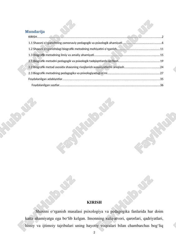 timoiy roli haqida to‘liqroq tasavvur hosil qilish mumkin bo‘ladi. biografik metod shuningdek, pedagogik jarayonda o‘quvchilarning individual xususiyatlarini aniqlash, ularni rivojlantirish va tarbiyaviy ishlarni samarali tashkil etishda ham keng qo‘llaniladi. biografik metod tarixan psixologiya va pedagogika fanlarida uzoq yillar davomida shakllangan. u shaxsni o‘rganishda sub’ektiv va ob’ektiv ma’lumotlarni uyg‘unlashtirishga imkon beradi, shaxsning hayotiy voqealari va ularning shaxsga ta’siri o‘rtasidagi bog‘liqlikni aniqlash imkoniyatini yaratadi. bu metod nafaqat ilmiy tadqiqotlarda, balki amaliy psixologik maslahatlar, kasbiy yo‘nalishlarda,ijtimoiy va pedagogik sohalarda shaxsning individual xususiyatlarini baholashda ham qo‘llaniladi. mavzuning dolzarbligi shaxsni o‘rganish masalasi zamonaviy psixologiya va pedagogika fanlarida katta ahamiyat kasb etadi, chunki har bir insonning xulq-atvori, qarorlari, qadriyatlari va ijtimoiy faoliyati uning hayotiy tajribasi bilan chambarchas bog‘liq bo‘ladi. bugungi kunda jamiyatda individual yondashuvga bo‘lgan talab ortib bormoqda. ta’lim jarayonida o‘quvchilarning individual xususiyatlarini aniqlash, ularning qobiliyatlari va qiziqishlarini hisobga olish, shuningdek pedagogik va psixologik maslahatlar berish uchun shaxsni chuqur tushunish zarur. shu maqsadda biografik metod ayniqsa …