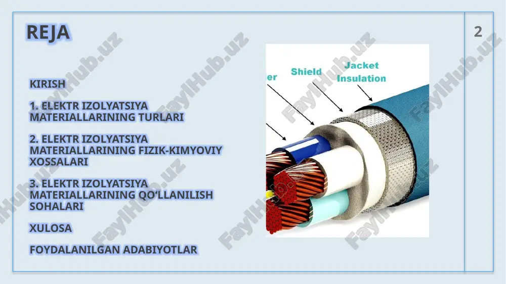 elektr tokining o'tkazuvchan qismlari o'rtasida izolyatsiya vazifasini bajarib, qisqa tutashuvlar va energiya yo'qotishlarini oldini oladi. ushbu materiallarning fizik-kimyoviy xossalari ularning ishlash samaradorligini belgilaydi va zamonaviy texnologiyalarda, jumladan, transformatorlar, kabellar, kondensatorlar va elektron qurilmalarda qo'llanilishini ta'minlaydi. 6 6 elektr mustahkamlik va dielektrik singdiruvchanlik elektr mustahkamlik, yoki dielektrik mustahkamlik, izolyatsiya materialining elektr maydoniga chidamliligini ifodalaydi. bu xossa materialning elektr buzilishiga qarshiligini belgilab, unda maksimal elektr maydon kuchi (odatda kv/mm birlikda o'lchanadi) elektr buzilishiga olib kelmasdan saqlanishini ko'rsatadi. masalan, polimer asosidagi izolyatsiyalar, shu jumladan polietilen va polivinilxlorid (pvx), dielektrik mustahkamligi 20-50 kv/mm gacha yetishi mumkin, bu esa yuqori kuchlanishli kabellarda qo'llanilishini ta'minlaydi. 7 7 8 issiqlikka va namlikka chidamlilik issiqlikka chidamlilik izolyatsiya materialining yuqori haroratlarda barqarorligini belgilaydi va bu xossa termal barqarorlik indeksi (tbi) bilan o'lchanadi, masalan, polimid materiallari 500°c gacha chidashi mumkin. bu xossa materialning molekulyar tuzilishiga bog'liq: termoplastiklar (pvx) 70-100°c da erisa, termoreaktivlar (epoksid qatronlari) esa 200°c dan yuqori haroratlarda mustahkam …