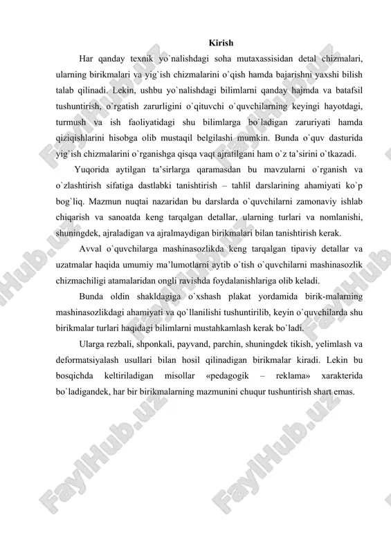 ning mazmunini chuqur tushuntirish shart emas. kurs ishi mavzusining dolzarbligi: hozirgi zamon mashinalari, stanoklari, apparaturalari va asboblarining ko‘pchiligida mexanikaviy, pnevmatik hamda elektr konstruksiyalar mavjud. mashinalarning ish prinsipini ularning yig‘ish chizmalariga va umumiy ko‘rinishlar chizmalariga qarab o‘rganish juda qiyin, shuning uchun ko‘pincha soddalashtirilgan maxsus tasvirlar ya’ni sxemalar bajariladi. kurs ishining maqsadi: talabalarga sxemalarni tushuntirish, ular yordamida chizmalarni chizishni va uni o‘qiy olishni o‘rgatish va uning metodikasini ishlab chiqish orqali talabalarni muhandislik grafikasi fanlariga qiziqishlarini yanada oshirish. kurs ishining vazifasi: · bo‘lajak muhandislik grafikasi o‘qituvchilarining - muhandislik grafikasi bo‘yicha kasbiy tayyorgarligi tizimi mazmunining nazariy va amaliy holatini o‘rganish va tahlil qilish; · talabalarga sxemalar va ularning turlari haqida tushunchalar berish va takomillashtirish; · talabalarning mavzu yuzasidan bilim, ko‘nikma va malakasini shakllantirish; · talabalarni zamonaviy pedagogik texnologiyalar asosida muammoli darslarni tashkil eta olish ko‘nikmasini shakllantirish. kurs ishining ob’yekti: oliy ta’lim tizimida “tasviriy san’at va muhandislik grafikasi” bakalavriyat ta’lim yo‘nalishi talabalariga grafikaviy ta’lim berish …