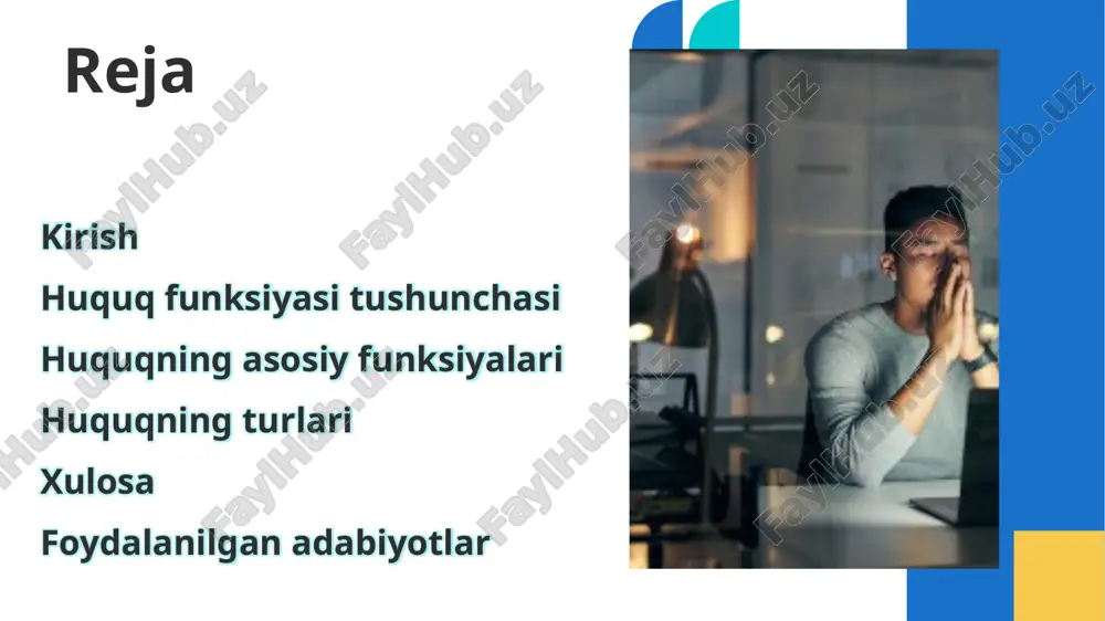 i ijtimoiy funksiya 5 tashkiliy funksiya davlat va jamiyat institutlarining faoliyatini huquqiy asosda tashkil etadi tashkiliy-boshqaruv funksiyasi 6 baholovchi funksiya huquqiy me’yorlar orqali shaxslarning xatti-harakatlarini baholaydi qo‘shimcha funksiya 7 stabilizatsiya (barqarorlik) funksiyasi ijtimoiy munosabatlarda barqarorlik va muvozanatni ta’minlaydi qo‘shimcha funksiya 8 integratsion funksiya turli ijtimoiy guruh va institutlarni yagona huquqiy maydonga birlashtiradi ijtimoiy funksiya 9 rag‘batlantiruvchi funksiya qonunlarga rioya qiluvchi shaxslarni rag‘batlantirish mexanizmini belgilaydi ijtimoiy-iqtisodiy funksiya 10 cheklovchi funksiya shaxs huquq va erkinliklari doirasini belgilaydi, tartibni saqlaydi himoya funksiyasi funksiya so‘zining ma’nosi va huquqqa tatbiqi “funksiya” so‘zi lotincha “functio” so‘zidan kelib chiqqan bo‘lib, “vazifa”, “rol” yoki “maqsadli ta’sir” ma’nolarini anglatadi. huquq kontekstida funksiya huquqning jamiyatdagi muayyan vazifalari va ta’sirlarini ifodalaydi. huquq funksiyalari – bu huquqiy normalar orqali jamiyatda erishiladigan maqsadlar va natijalar bo‘lib, ular huquqning ijtimoiy hayotga ta’sirini belgilaydi. huquq funksiyalarining mazmunan ifodalanishi regulyatorlik funksiya himoya funksiyasi tarbiyaviy funksiya axborot funksiyasi iqtisodiy funksiya ijtimoiy integratsiya funksiyasi huquq funksiyalarining tasnifi huquq …