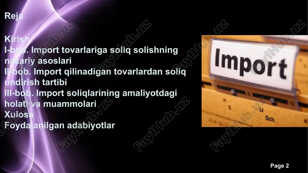 da bo'lishi mumkin. mazmunning chuqur tahlili shuni ko'rsatadiki, import soliqlarining asosiy iqtisodiy maqsadi resurslarni optimal taqsimlashdir: ular xorijiy tovarlarning raqobatbardoshligini pasaytirib, milliy resurslarni ichki ishlab chiqarishga yo'naltiradi. page ‹#› bojxona to‘lovlari va ularning turlari 8 page ‹#› uchinchi tur – qo'shilgan qiymat bojxona to'lovlari ikkinchi tur – spesifik bojxona to'lovlari birinchi tur – ad valorem bojxona to'lovlari. 9 page ‹#› soliq siyosati orqali milliy ishlab chiqaruvchini himoya qilish soliq siyosati orqali milliy ishlab chiqaruvchini himoya qilish proteksionizmning asosiy yo'nalishi bo'lib, u import soliqlarini strategik vosita sifatida ishlatadi. bu yondashuvning nazariy asoslari aleksandr xamilton va freidrix listning ishlarida yotadi, ular milliy sanoatni xorijiy raqobatdan himoya qilishni taklif etgan. 10 soliq siyosati milliy ishlab chiqaruvchini himoya qilishning bir necha mexanizmini o'z ichiga oladi: birinchisi, tarif to'siqlari – import soliqlarining oshishi orqali xorijiy tovarlarning narxini oshirish; ikkinchisi, kvotalar va litsenziyalar – miqdoriy cheklovlar; uchinchisi, subsidiyalar – milliy korxonalarga soliq imtiyozlari berish. page ‹#› …