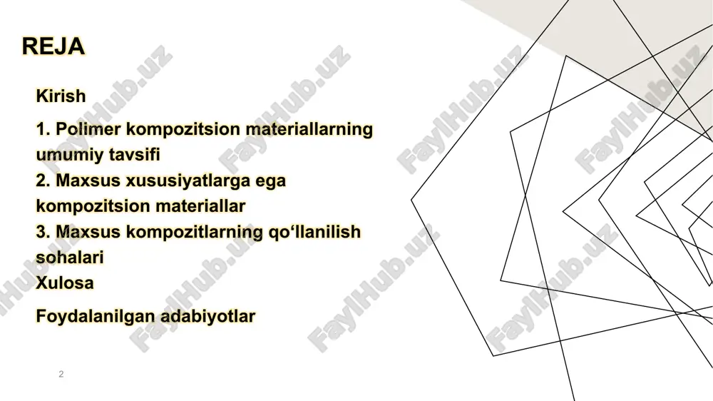 siy polimer turlari (epoksi, fenoplast, poliester, va boshqalar) polimer kompozitsion materiallarning matritsasi sifatida ishlatiladigan asosiy polimer turlari ularning kimyoviy va fizik xususiyatlariga qarab tanlanadi. epoksi qatronlar eng keng tarqalgan turlardan biri bo'lib, ularning yuqori yopishqoqligi va mexanik barqarorligi bilan ajralib turadi. epoksi polimerlar ikki komponentli tizimdan iborat: qatron va qotiruvchi, ular aralashganda xona haroratida yoki isitish orqali qotib qoladi. 7 mustahkamlovchi komponentlar 8 polimer kompozitlarning mustahkamlovchi komponentlari materialning asosiy kuch manbai hisoblanadi va ular tolalar, plenkalar va dispers qo'shimchalar shaklida bo'ladi. tolalar eng keng tarqalgan mustahkamlovchilar bo'lib, ularning diametri 5-20 mikrometrni tashkil etadi va uzunligi bir necha metrga yetishi mumkin. 8 tolalar plenkalar dispers qo‘shimchalar maxsus xususiyatlarga ega kompozitsion materiallar kompozitsion materiallar zamonaviy texnologiyalar va sanoat sohasida muhim o'rin egallaydi, chunki ularning maxsus xususiyatlari an'anaviy materiallarga qaraganda ko'proq afzalliklarga ega. bu materiallar polimer matritsasi va mustahkamlovchi tolalar yoki zarrachalar birikmasidan iborat bo'lib, ularning fizik-mexanik, termik va kimyoviy xususiyatlarini aniq sozlash …