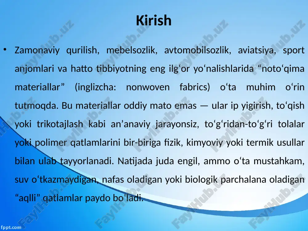 arga ega qiladi. noto‘qima material ishlab chiqarishda ishlatiladigan asosiy texnologiyalar . bu usulning samaradorligi 90% ga yetadi va yillik 10 million tonna ishlab chiqarishni ta’minlaydi, ammo u sintetik tolalarga asoslanganligi uchun ekologik tanqidga uchraydi. ikkinchi, meltblown usuli yuqori tezlikdagi issiq havo oqimi yordamida erigan polimerni nozik tolalarga aylantiradi, natijada 1-5 mikron o‘lchamdagi materiallar olinadi. bu texnologiya maskalar va filtrlarda 95% samaradorlik ko‘rsatadi, ammo energiya sarfi yuqori – har tonna uchun 2000 kvt/soat. xom ashyolar va ularning turlariga ko‘ra tasnifi noto‘qima materiallar ishlab chiqarishda xom ashyo sifatida tolalar va polimerlar ishlatiladi, ularning tasnifi kelib chiqishiga, uzunligiga va xususiyatlariga ko‘ra amalga oshiriladi. asosiy guruhlar: tabiiy tolalar (paxta, jun, juti), sintetik tolalar (polipropilen, polyester) va qayta ishlanadigan materiallar. chuqur tahlilda, xom ashyoning tanlanishi materialning yakuniy xususiyatlarini belgilaydi: tabiiy tolalar ekologik toza, ammo mustahkamligi past, sintetiklar esa suv o‘tkazmas va uzoq muddatli. noto‘qima materiallarning assortimenti va turlari ular ip yigirish, to‘qish yoki trikotaj texnologiyasisiz, …