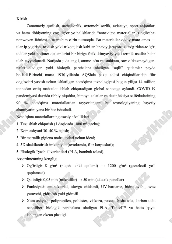 tencel™ va hatto qayta ishlangan okean plastigi. zamonaviy tendensiyalar 4.0 sanoat: ai boshqariladigan spunbond liniyalari 1500 m/min tezlikda ishlaydi. nano-notoʻqima: 50 nm diametrli tolalar viruslarni 99,999 % ushlab qoladi. smart-nonwoven: harorat oʻzgarsa rangini oʻzgartiruvchi yoki dori vositasini asta-sekin chiqaruvchi qatlamlar. zero-waste: 100 % qayta ishlanadigan “cradle-to-cradle” sertifikatli mahsulotlar.keyingi boʻlimlarda biz notoʻqima materiallarni ishlab chiqarishning 12 ta asosiy texnologiyasini (spunbond, meltblown, airlaid, wetlaid, needlepunch, spunlace, thermal bond, chemical bond, electrospun va b.), 50 dan ortiq qoʻllanilish sohasini va oʻzbekiston bozoridagi real assortimentni batafsil koʻrib chiqamiz. shu bilan birga, mahalliy xom ashyodan (paxta selllyuloza, polimer granulalar) arzon va raqobatbardosh mahsulot ishlab chiqarish imkoniyatlarini ham muhokama qilamiz.yoki hozir sizni qiziqtirgan alohida tur (masalan, tibbiy meltblown yoki geotextil spunbond) haqida chuqurroq maʼlumot bersam boʻladimi? noto‘qima materiallarning mohiyati va ishlab chiqarish jarayoni noto‘qima materiallar zamonaviy sanoat va kundalik hayotda keng qo‘llaniladigan innovatsion materiallar sifatida o‘z o‘rnini mustahkam egallab kelmoqda. ularning mohiyati tolalar yoki filamentlarning maxsus …
