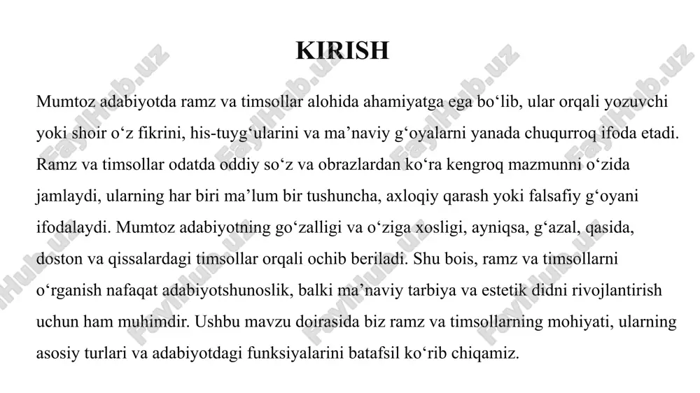 amida shoirlar his-tuyg‘ularni yanada teran va ta’sirli tarzda yetkazadilar. ularning ma’nosi o‘quvchida turlicha talqin qilinishi mumkin, bu esa mumtoz adabiyotning murakkab va boy tabiatini namoyon etadi. shu bilan birga, ramzlar adabiyotning axloqiy va ma’naviy yo‘nalishini belgilaydi, o‘quvchida chuqur tafakkur uyg‘otadi. timsollar orqali obrazlarning ifodalanishi timsollar mumtoz adabiyotda qahramonlarning xarakteri va hissiyotlarini ifodalashda muhim rol o‘ynaydi. masalan, dostonlarda sher timsoli jasorat va mardlikni bildiradi, burgut – yuqori maqsadlar va ezgu niyatni ramziy qiladi. shu bilan birga, timsollar voqealarni yanada dramatik va boy qiladi, o‘quvchida tasavvur va hissiy ta’sirni oshiradi. timsollar yordamida shoir va yozuvchilar murakkab falsafiy va axloqiy g‘oyalarni oddiy va tushunarli shaklda yetkazadilar, bu esa mumtoz adabiyotning mahoratli va ta’sirli tomonini namoyon etadi. ramz va timsol tushunchasi, tarixiy ildizlari ramz va timsollar tushunchasi qadimdan adabiyotshunoslikda o‘rganilgan. mumtoz adabiyotda ular faqat obrazlarni boyitib qolmay, balki axloqiy va ma’naviy g‘oyalarni yetkazish vositasi sifatida ishlatilgan. g‘azal, qasida, doston va qissalarda ramzlar o‘quvchiga hayotiy …