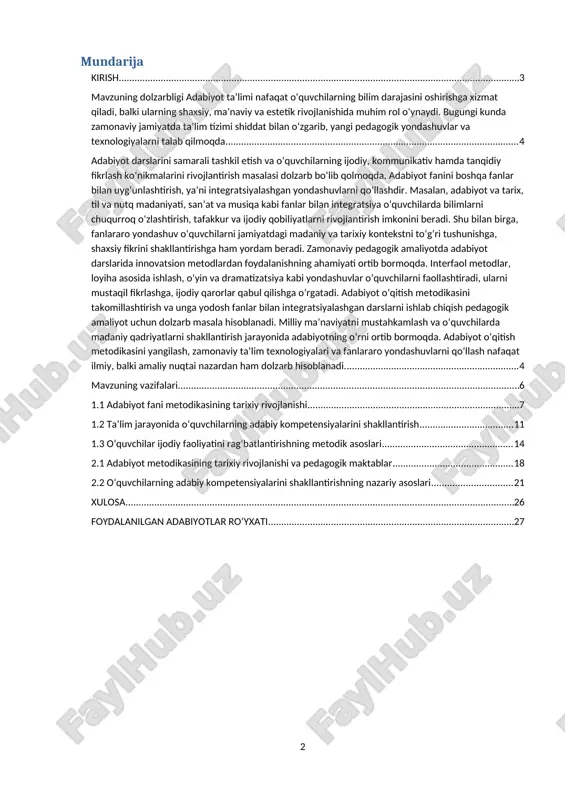 bo‘ladi.[footnoteref:0] pedagogik jihatdan, samarali metodik yondashuvlar o‘quvchilarning nutq madaniyati, lug‘at boyligi va yozma ifoda ko‘nikmalarini rivojlantiradi, ularni mustaqil fikrlashga o‘rgatadi. ma’naviy va estetik jihatdan adabiyot fani orqali o‘quvchilar insoniy qadriyatlarni anglaydi, hissiy dunyo va estetik didi shakllanadi. amaliy ahamiyati esa maktablarda darslarni samarali rejalashtirish, innovatsion metodlardan foydalanish va o‘quvchilar ijodini rag‘batlantirish bo‘yicha tavsiyalar ishlab chiqish bilan bog‘liqdir. shu sababli, adabiyot oʻqitish metodikasi va unga yodosh fanlar bilan integratsiya masalasi nafaqat ilmiy, balki amaliy nuqtai nazardan ham katta ahamiyatga ega. [0: abdukarimov, m. “adabiyot metodikasi va darslarda samarali yondashuvlar”, toshkent, 2018.] mavzuning dolzarbligi adabiyot ta’limi nafaqat o‘quvchilarning bilim darajasini oshirishga xizmat qiladi, balki ularning shaxsiy, ma’naviy va estetik rivojlanishida muhim rol o‘ynaydi. bugungi kunda zamonaviy jamiyatda ta’lim tizimi shiddat bilan o‘zgarib, yangi pedagogik yondashuvlar va texnologiyalarni talab qilmoqda. adabiyot darslarini samarali tashkil etish va o‘quvchilarning ijodiy, kommunikativ hamda tanqidiy fikrlash ko‘nikmalarini rivojlantirish masalasi dolzarb bo‘lib qolmoqda. adabiyot fanini boshqa fanlar bilan …