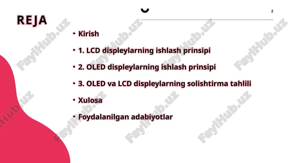 shlashida yorug'lik filtrlari va orqa yoritish tizimi markaziy o'rin tutadi, chunki suyuq kristallar o'zlari yorug'lik chiqarmaydi, balki mavjud yorug'likni boshqaradi. orqa yoritish tizimi (backlight) displey orqasida joylashgan va yorug'lik manbai sifatida led (light emitting diode) yoki ccfl (cold cathode fluorescent lamp) lampalaridan foydalanadi. zamonaviy lcdlarda led orqa yoritish ustunlik qiladi, chunki u energiya tejaydi va ranglarning aniqligini oshiradi yorug‘lik filtrlari va orqa yoritish tizimi 8 9 oled va lcd displeylarning taqqoslama jadvali ko‘rsatkichlar lcd (liquid crystal display) oled (organic light emitting diode) ishlash prinsipi suyuq kristallarning yorug‘likni o‘tkazish yoki to‘sish xususiyatiga asoslanadi organik moddalarning elektr toki ta’sirida yorug‘lik chiqarishiga asoslanadi yorug‘lik manbai orqa yoritish (led lampalar) har bir piksel o‘zi yorug‘lik chiqaradi rang sifati o‘rta darajada, orqa yoritishga bog‘liq yuqori aniqlik va kontrast energiya sarfi ko‘proq, orqa yoritish talab etadi kam, faqat faol piksellar energiya iste’mol qiladi qalinligi nisbatan qalin juda yupqa va moslashuvchan ishlash muddati uzoq, lekin rangi biroz …