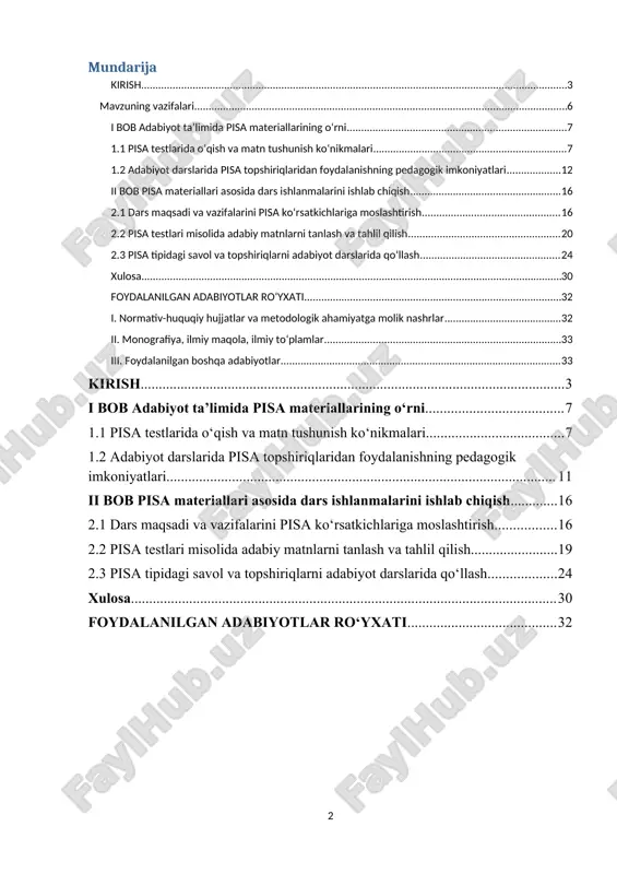 ilarda matn bilan ishlash, ma’lumotni tahlil qilish va xulosa chiqarish ko‘nikmalarini rivojlantirish zarurligini ko‘rsatdi. pisa yondashuvining mohiyati — o‘quvchini matnni yod olishga emas, balki tushunish, tahlil qilish, baholash va qo‘llashga o‘rgatishdir. bu jihat ayniqsa adabiyot fani uchun nihoyatda muhimdir, chunki adabiy asar o‘quvchidan hissiy idrok, tahliliy fikrlash, muallif pozitsiyasini anglash va shaxsiy munosabat bildirishni talab etadi. mavzuning dolzarbligi zamonaviy ta’lim jarayonida o‘quvchilarning bilim darajasi bilan bir qatorda, ularning tanqidiy fikrlash, matnni tushunish, tahlil qilish va amaliy ko‘nikmalarini rivojlantirish muhim ahamiyat kasb etadi. ayniqsa, adabiyot fani nafaqat o‘quvchilarning estetik didini shakllantiradi, balki ularni muloqot qilish, fikrini ifodalash va murakkab matnlarni tahlil qilishga o‘rgatadi. globalizatsiya va axborotning tez sur’atlarda rivojlanishi sharoitida o‘quvchilarni mustaqil fikrlashga va turli manbalardan ma’lumotlarni to‘g‘ri talqin qilishga o‘rgatish muhim ahamiyatga ega. xalqaro tadqiqotlar, xususan, pisa (programme for international student assessment) natijalari, o‘quvchilarning matnni tushunish va amaliy ko‘nikmalarga ega bo‘lish darajasida mamlakatlar o‘rtasida sezilarli farqlar borligini ko‘rsatadi. pisa dasturi …