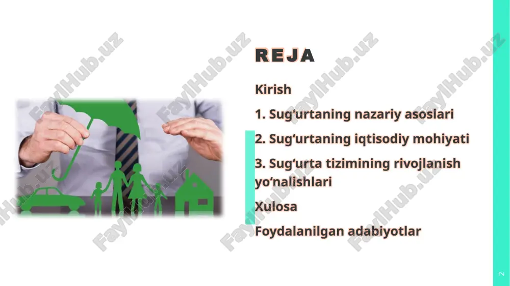 zmning dastlabki bosqichlarida, sanoat inqilobi davrida paydo bo‘lib, xavf-xatarlarni taqsimlash orqali iqtisodiy o‘sishni ta’minladi. iqtisodiy kategoriya sifatida sug‘urtaning asosiy xususiyati – u qo‘shilgan qiymatni yaratmaydi, balki mavjud qiymatni himoya qiladi. 7 sug‘urtaning asosiy prinsiplari prinsip nomi mazmuni amaliy ahamiyati ekvivalentlik sug‘urta to‘lovi va sug‘urta summasi o‘rtasidagi mutanosiblik adolatli to‘lov tizimini ta’minlaydi ehtimollik xatarlarni statistik baholash asosida sug‘urta jamg‘armasini shakllantirish moliyaviy xavflarni oldindan baholash imkonini beradi taqsimlash sug‘urta fondi ishtirokchilari o‘rtasida risklarni taqsimlash zararlarni kollektiv tarzda qoplashni ta’minlaydi sug‘urtaning asosiy prinsiplari sug‘urtaning asosiy prinsiplari uning faoliyatini tartibga soluvchi fundamental qoidalardir. ulardan eng muhimi – ekvivalentlik prinsipi bo‘lib, u sug‘urta munosabatlarining adolatliligi va qonuniyligini ta’minlaydi. ekvivalentlikka ko‘ra, sug‘urtalanuvchining to‘lovi (mukavvinat) va sug‘urta kompaniyasining potentsial kompensatsiyasi o‘rtasida muvozanat bo‘lishi kerak. bu prinsip xavf ehtimolini hisobga olgan holda amalga oshiriladi sug‘urta faoliyatining huquqiy-me’yoriy bazasi uning qonuniy va tartibli yuritilishini ta’minlaydigan normativ hujjatlar majmuasidir. o‘zbekistonda bu baza o‘zbekiston respublikasi konstitutsiyasi, fuqarolik kodeksi va maxsus “sug‘urta …