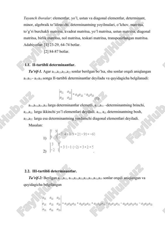 . minor va algebraik to’ldiruvchilar. ta’rif: biror n-tartibli determinantning aij elementining minori deb, shu element turgan yo’l va ustunini o’chrishda hosil bo’lgan (n-1)-tartibli determinantga aytiladi. masalan: 3 – tartibli determinant a23 elementining minori m23= 2 – tartibli determinant bo’ladi. ta’rif: n-tartibli determnantning aij elementining algebraik to’ldiruvchisi deb shu element (-1)i+j ishora bilan olindaniga aytiladi va aij orqali belgilanadi. aij=(-1)i+j mij. misol 2 determinantning a42 elementining minorini va a22 elementining algebraik to’ldiruvchisin hisoblang: m42= a22=(-1)2+2 m22+ m22==18+30+2-18-4-15=13 1.4.determinantning xossalari. 1º. agar determinantning yo’lini mos ustunlari bilan almashtrilsa, determinantning qiymati o’zgarmaydi. masalan: 2º. determinantning ixtiyoriy ikkita yo’lini (ustunini) o’zaro almashtirilsa, determinant qiymati o’z ishroasini o’zgartirmaydi. masalan: 3º. determinantning biror yo’lining (ustunining) barcha elementlari nol bo’lsa, determinant-ning qiymati nol bo’ladi. masalan: 4º. ixtiyoriy ikkita yo’li yoki ikkita ustuni bir xil bo’lgan determinant qiymati nol bo’ladi. masalan: 5º. istalgan yo’l (ustun) ning umumiy elementini determinant belgisidan tashqariga chiqarish mumkin. 6º. determinant biror yo’l (ustun) …