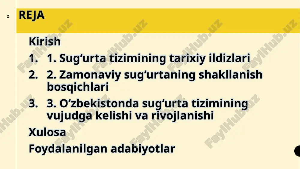 arini izlashdi. rasmda, sharob savdogarlari gildiyasining gubernatorlari ferdinand bol tomonidan, v. 1680. 7 misr, bobil va rim davrlarida sug‘urta g‘oyalarining ilk ko‘rinishlari misr, bobil va rim davrlarida sug‘urta g‘oyalarining ilk rasmiy ko‘rinishlari savdo va qishloq xo‘jaligi xavf-xatarlarini boshqarish bilan bog‘liq bo‘lib, bu davrlar iqtisodiy munosabatlarning murakkablashishini ko‘rsatadi. 8 sug‘urtaning paydo bo‘lish bosqichlari 9 bosqich davr asosiy mazmun 1. dastlabki o‘zaro yordam qadimgi davrlar xavfni bo‘lishish va o‘zaro yordam shakllari 2. savdo va dengiz sug‘urtasi o‘rta asrlar savdogarlar yuk va kemani himoyalashgan 3. zamonaviy kompaniyalar paydo bo‘lishi xvii–xix asrlar sug‘urta tashkilotlari va tarmoqlari shakllandi 4. o‘zbekistonda sug‘urta tizimi xx asr davlat sug‘urtasi va milliy tizim rivoji 5. raqamli davr xxi asr onlayn xizmatlar va innovatsion sug‘urta tizimi 9 o‘rta asrlarda savdo va dengiz sug‘urtasining shakllanishi 10 o‘rta asrlarda, xususan, xi–xv asrlarda, savdo va dengiz sug‘urtasining shakllanishi yevropaning iqtisodiy uyg‘onishiga mos kelgan bo‘lib, bu jarayon italiya va shimoliy yevropada markazlashgan. savdo karvonlari …