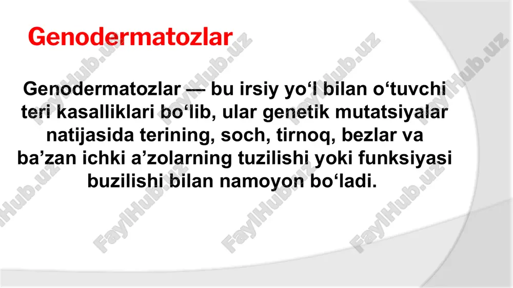 ntezida genetik buzilish, teri quyosh nurlariga sezuvchan bo‘ladi. porfiriya davolash tamoyillari: genodermatozlar to‘liq davolanmaydi, faqat simptomatik yordam ko‘rsatiladi. namlagichlar, kortikosteroid kremlar, antiseptiklar ishlatiladi. vitamin a, e, sink, omega yog‘ kislotalari foydali. yallig‘lanish yoki infeksiya qo‘shilganda antibiotiklar yoki immunomodulyatorlar buyuriladi. e’tiboringiz uchun raxmat!!! image3.jpg image8.jpg image2.jpg image1.jpg image7.jpg image5.jpg image9.jpg image4.png image6.jpg
