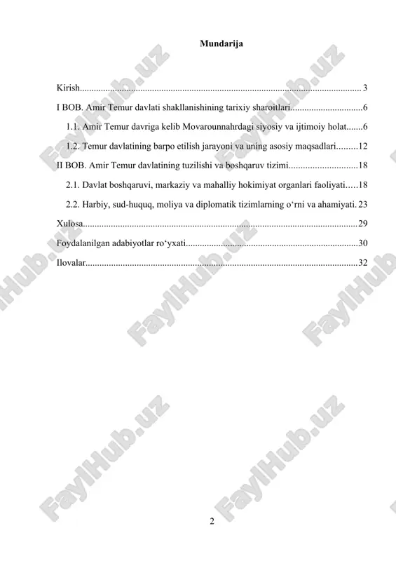 d qilgan. bu yondashuv o‘sha davrda iqtisodiy barqarorlikni ham mustahkamladi. amir temur tashqi siyosatda ham kuchli diplomatik aloqalar o‘rnatgan, xitoy, hindiston, turkiya va yevropa mamlakatlari bilan siyosiy-iqtisodiy munosabatlar yo‘lga qo‘yilgan. u nafaqat buyuk sarkarda, balki tajribali davlat arbobi sifatida ham tarixda o‘chmas iz qoldirgan. bugungi kunda o‘zbekiston respublikasida amir temur davlat qurilish tajribasiga katta e’tibor qaratilmoqda. 1996-yilda amir temur tavalludining 660 yilligi keng nishonlandi va bu jarayon milliy davlatchilik tarixiga yangicha qarashni shakllantirdi. prezidentimiz shavkat mirziyoyev o‘z nutqlarida temuriylar davlati merosini yosh avlod tarbiyasida, davlat boshqaruvi tajribasida o‘rnak sifatida keltirib o‘tgan. shunday qilib, amir temur davlatining tuzilishini o‘rganish nafaqat tarixiy, balki huquqiy, siyosiy va ma’naviy jihatdan ham dolzarb masala hisoblanadi. bu mavzu o‘zbek davlatchiligi taraqqiyotini, uning ildizlari va tamoyillarini chuqur anglash imkonini beradi. mavzuning obyekti. amir temur tomonidan xiv asrda barpo etilgan markazlashgan davlat va uning boshqaruv tizimidir. obyekt sifatida temuriylar davlatining siyosiy, huquqiy, iqtisodiy va ijtimoiy tuzilishi o‘rganiladi. mavzuning …