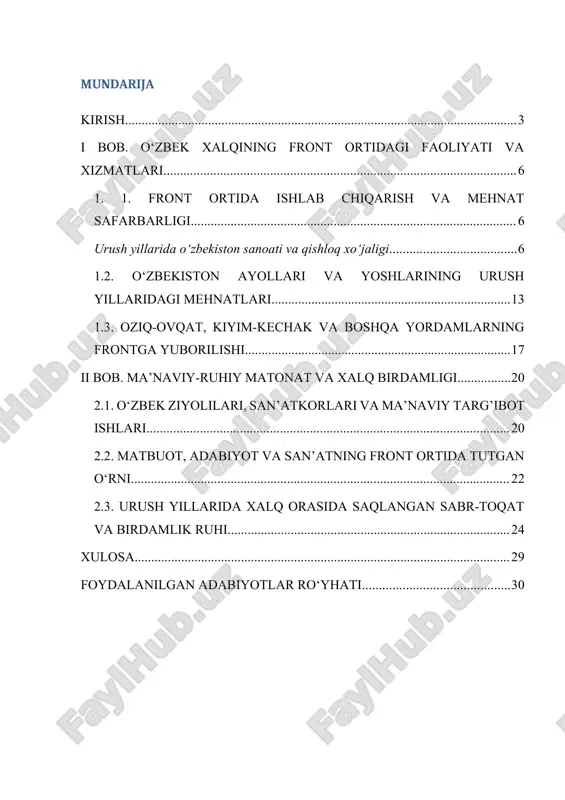 tini o‘rganish – bu nafaqat tarixiy haqiqatni tiklash, balki bugungi yosh avlodga sabr, matonat, vatanparvarlik kabi ezgu fazilatlarni singdirish demakdir. mavzuning dolzarbligi shundaki, har bir avlod o‘z tarixini bilmog’i, ajdodlar fidokorligini qadrlamog’i va bu orqali kelajakka ishonch bilan qarashi lozim. shuning uchun ham bu mavzu hozirgi kunda o‘ta dolzarb hisoblanadi. mavzuning maqsadi . ushbu kurs ishining asosiy maqsadi — ikkinchi jahon urushi davrida o‘zbek xalqining front ortida ko‘rsatgan matonatini, fidokorona mehnatini, ma’naviy bardamligini yoritish va bu tarixiy haqiqatlarni tahlil asosida o‘rganishdir. mavzu orqali xalqimizning sabr-toqati, vatanparvarlik ruhi, urush sharoitidagi birligi va irodasi namoyon etiladi. kurs ishining vazifalari quyidagilardan iborat: front ortida ishlab chiqarish va mehnat safarbarligi. urush yillarida o‘zbekiston sanoati va qishloq xo‘jaligi o‘zbekiston ayollari va yoshlarining urush yillaridagi mehnatlari oziq-ovqat, kiyim-kechak va boshqa yordamlarning frontga yuborilishi o‘zbek ziyolilari, san’atkorlari va ma’naviy targ’ibot ishlari matbuot, adabiyot va san’atning front ortida tutgan o‘rni urush yillarida xalq orasida saqlangan sabr-toqat va birdamlik …
