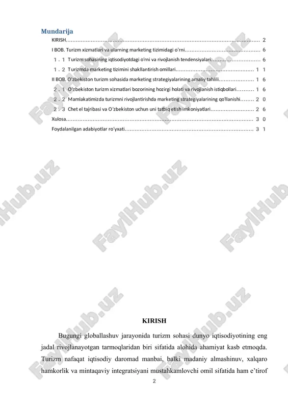 sepsiyasi doirasida marketing yondashuvlari asosida ichki va tashqi turizm salohiyatini kengaytirish choralari ko‘rilmoqda. bunda raqamli texnologiyalar, ijtimoiy tarmoqlar, onlayn reklama platformalari hamda brend strategiyalari turizm xizmatlarini ilgari surishda muhim rol o‘ynamoqda. turizm xizmatlari sohasida marketing strategiyalarining ahamiyatini ilmiy asosda o‘rganish, ularning samaradorligini tahlil qilish va o‘zbekiston sharoitida qo‘llash bo‘yicha amaliy tavsiyalar ishlab chiqish zarurdir. [0: o‘zbekiston respublikasining “turizm to‘g‘risida”gi qonuni. – toshkent adolat, 2019.] mavzuning dolzarbligi turizm sohasi global iqtisodiyotda eng tez rivojlanayotgan tarmoqlardan biri bo‘lib, u nafaqat mamlakatlar daromad manbai, balki madaniy, ijtimoiy va siyosiy aloqalarni mustahkamlash vositasi sifatida ham ahamiyatga ega. so‘nggi yillarda jahon bozorida raqobatning kuchayishi va iste’molchi talablarining doimiy o‘zgarishi turizm xizmatlarini samarali targ‘ib qilish, ularning sifatini oshirish va mijozlar bilan uzoq muddatli munosabatlar o‘rnatish masalalarini dolzarb qilmoqda. marketing strategiyalari turizm sohasida korxonalarning raqobatbardoshligini ta’minlash, xizmatlar sifati va brend imidjini oshirish, yangi bozor segmentlarini jalb qilish hamda mijozlarning talab va istaklarini qondirish imkonini beradi. ayniqsa raqamli …