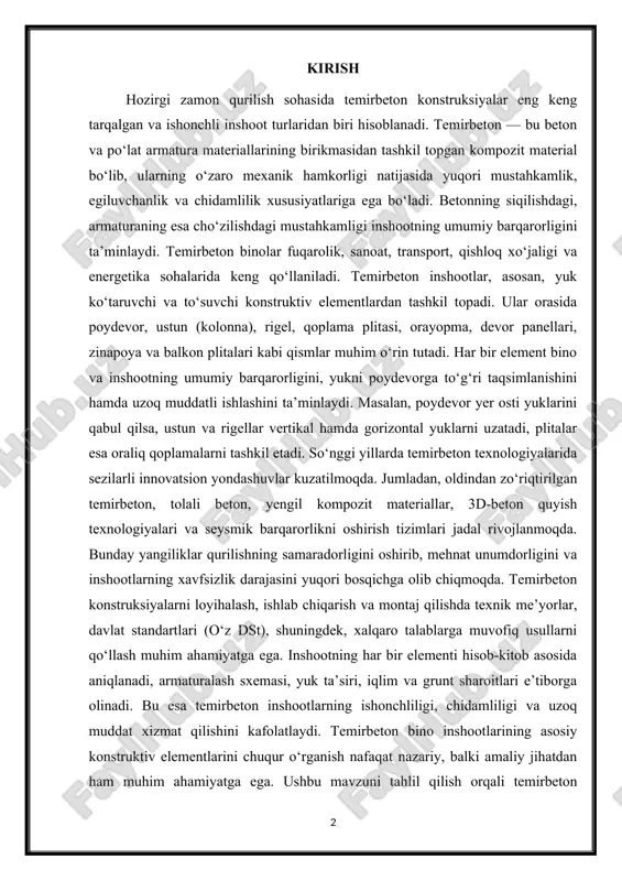 standartlari (o‘z dst), shuningdek, xalqaro talablarga muvofiq usullarni qo‘llash muhim ahamiyatga ega. inshootning har bir elementi hisob-kitob asosida aniqlanadi, armaturalash sxemasi, yuk ta’siri, iqlim va grunt sharoitlari e’tiborga olinadi. bu esa temirbeton inshootlarning ishonchliligi, chidamliligi va uzoq muddat xizmat qilishini kafolatlaydi. temirbeton bino inshootlarining asosiy konstruktiv elementlarini chuqur o‘rganish nafaqat nazariy, balki amaliy jihatdan ham muhim ahamiyatga ega. ushbu mavzuni tahlil qilish orqali temirbeton elementlarning vazifalari, turlari, ularning o‘zaro bog‘lanish prinsiplari va zamonaviy qurilishdagi ahamiyatini aniqlash mumkin bo‘ladi. 1. temirbeton binolarning asosiy konstruktiv elementlari temirbeton binolarning konstruktiv tizimi bir-biri bilan uzviy bog‘langan bir qator asosiy elementlardan iborat bo‘lib, ular binoning mustahkamligini, barqarorligini va funksional imkoniyatlarini ta’minlaydi. ushbu elementlar tarkibiga poydevor, ustun, rigel, plita, devor paneli, zinapoya, to‘siq va balkon plitalari kiradi. har bir element o‘zining vazifasi, yuk qabul qilish va uzatish xususiyatiga ega bo‘lib, ular birgalikda bino karkasini tashkil etadi. 1-rasm poydevor — bu har qanday inshootning eng pastki, asosiy …