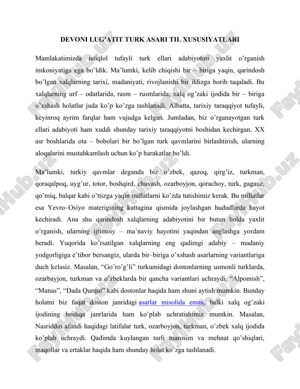 atifalar turk, ozarboyjon, turkman, o’zbek xalq ijodida ko’plab uchraydi. qadimda kuylangan turli marosim va mehnat qo’shiqlari, maqollar va ertaklar haqida ham shunday holat ko’zga tashlanadi. x-xii asrlarda yozilgan m. koshg’ariyning “devoni lug’atit turk”, yusuf xos hojibning “qutadg’u bilig”, ahmad yugnakiyning “hibbatul haqoyiq” kabi asarlari butun turkiy xalqlarning umumiy adabiy merosi bo’lib hisoblanadi. ma’lumki, mahmud koshg’ariyning “devoni lug’atit turk” asari faqat lug’at, ya’ni so’zlarining arabcha izohli tarjimasidan iborat bo’lib qolmasdan, balki u arablargacha bo’lgan davrdagi adabiyot namunalarini o’zida jamlab kelgan ajoyib badiiy asar ham bo’lib hisoblanadi. chunki unda xalq og’zaki ijodiga oid turli maqollar, hikmatli so’zlar, qo’shiqlar, iboralar, dostonlardan parchalar ko’plab keltirilgan. olti mingga yaqin turkcha so’zlarga arabcha izohlar berilgan. ko’pgina turkiy qabila va urug’larning tarixi, etnografiyasi, ijtimoiy – iqtisodiy ahvoli va boshqa tomonlari haqida ham bu kitobda ma’lumotlar beriladi. ushbu jihatdan bu asar o’z davrining qomusiy asari darajasiga ko’tarilgan. jahon ilmi va madaniyati tarixida bu xildagi asarlarning dastlabki namunalari sifatida …
