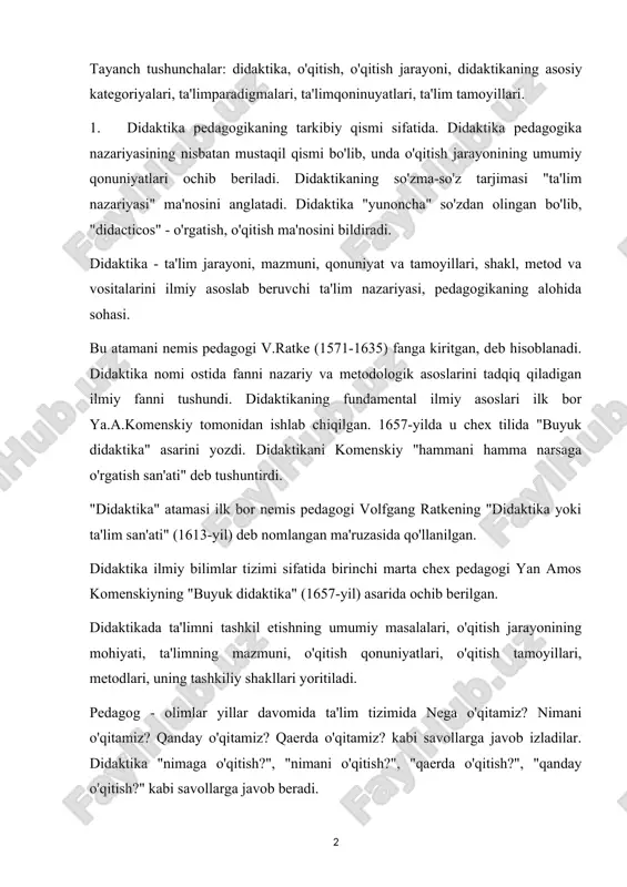 'qitish?", "nimani o'qitish?", "qaerda o'qitish?", "qanday o'qitish?" kabi savollarga javob beradi. ushbu holatga asosan 1990 yillarning o'rtalarida ta'lim sohasiga oid teoriyalar va ularning asoschilari, o'sha davr amaliy darslari va o'qitish tarixi, talqin qilish kabilar bevosita ta'sir ko'rsatadi. men o'z hamkasblarimga qarata o'zida " qanday o'qitish" kabi savollarga javob topish imkoniyatiga ega bo'lgan qo'llanmalar avval ham, xozir ham ta'lim jarayonida asosiy ustun bo'lib kelgan va talabalar, izlanuvchilarga amaliy maslahat ko'rsata olgan deb ayta olaman. didaktikaning ob'yekti - o'sib kelayotgan avlodga ijtimoiy tajribalarni, milliy va umuminsoniy madaniyatni tarkib toptirishga yo'naltirilgan faoliyatning asosiu turi hisoblangan ta 'lim berishdir. didaktikaning predmeti sifatida o'rgatish (o'qituvchi faoliyati) va o'rganish (o'quvchilarning bilish faoliyati), ularning o'zaro harakati aks etadi. o'qitish jarayoni pedagogning o'rgatuvchilik faoliyatini va o'quvchilarning maxsus tashkil etilgan bilish faoliyatini o'z ichiga oladi. shu o'rinda bu jarayonlarning tahliliga e'tibor qarataylik. ta'limda o'qituvchining boshqaruvchilik roli o'z kasbining ijtimoiy asoslaridan kelib chiqib, ajdodlarining boy tajribasini, insoniyatning asrlar davomidagi bilish, …