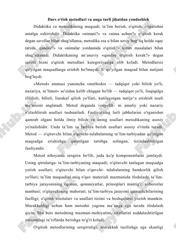 oshqalarni yozish mumkin. murakkabligi uchun ham metodni yagona ma’noga ega tarzda ifodalash qiyin. shu bois metodning mazmun-mohiyatini, sifatlarini soddalashtirilgan variantdagi ta’riflarda berishga to'g'ri keladi. o'qitish metodlarining serqirraligi, murakkab tuzilishga ega ekanligi unga turli jihatdan yondashuvlarda o'z ifodasin1 topadi. p. podlasiyning fikricha, metod-jarayonning o'zagi, rejalashtirilgan maqsadni yakuniy natija bilan bog‘lovchi bo‘g‘in. uning «maqsad — mazmun — metodlar — shakllar - o‘qitish vositalari» tizimidagi roli hal qiluvchidir1. pedagogik amaliyotda, an'anaga muvofiq, o‘quv - tarbiyaviy maqsadlarga erishish uchun qo'llanilayotgan, tartibga solingan faoliyat usuli metod deb tushuniladi. bunda o‘qituvchining o‘qitish faoliyati usullari bilan o'quvchining o'qish faoliyatining usullari bir-biriga bog'liqligi ta’kidlanadi. 0‘qitish metodi quyidagicha tavsiflanadi: o'qitishning maqsadi, o‘zlashtirish usuli^ o‘quv jarayoni qatnashchilari (o'qituvchi-; o‘quvchi, talaba)ning o‘zaro munosabati. ta'lim metodlari bir tomondan, obyektiv xarakterga ega bo'lib, qaysi pedagog qollashidan qat’i nazar, doimiy amal qiladigan mustahkam qonun-qoidalar bilan bog‘liq. ular barcha didaktik qoidalar, qonunlarning talabi hamda maqsadlarning doimiy komponentlari, o'quv faoliyatining mazmuni, shaklini ifodalaydi. ikkinchi tomondan, subyektiv …