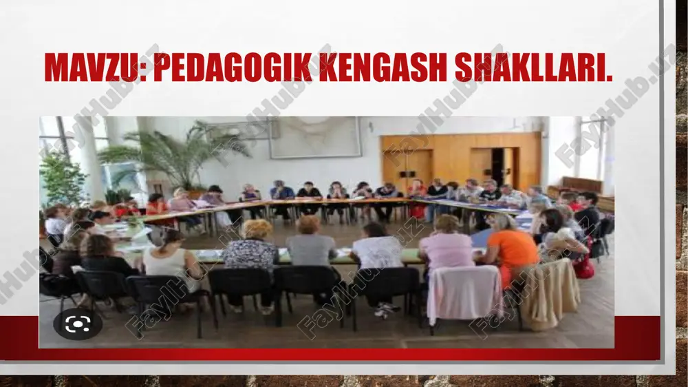 engash raislari kiradi. pedagogik kengash yig’ilishiga jamoat tashkilotlari vakillari, maktab o’uqituvchilari, maktabgacha ta’lim muassasasi tarbiyalanuvchilarining ota-onalari taklif etilishi mumkin. pedagogik kengashning asosiy vazifalariga quyidagilar kiradi: - ta’lim muassasasi pedagogik jamoasi faoliyatini yo’naltirish, tarbiyalanuvchilar egallashi lozim bo’lgan bilim, malaka va kunikmalarni rivojlantirish, «maktabgacha yoshdagi bolalar rivojlanishiga qiladigan davlat talablari»ning bajarilishini ta’minlash; - ta’lim-tarbiya jarayonini tashkil etish samaradorligini oshirishda maqbul shart-sharoitlar yaratishga doiyr qarorlar qabul qilish; - pedagog xodimlarning nufo’zi va metodik salohiyatini oshirish, eʼtiboringiz uchun tashakkur image3.jpg image4.jpeg image5.jpeg image6.jpeg /docprops/thumbnail.jpeg