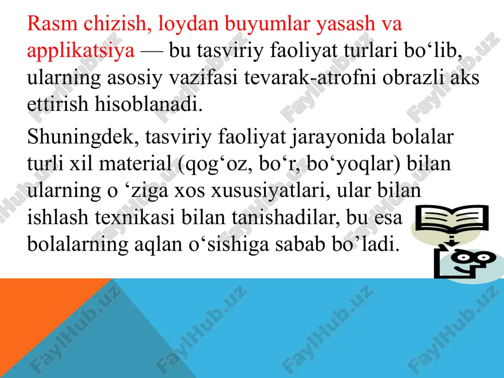 ashg'uloti uchun kerakli kattalikdagi va rangdagi qog‘oz varaqlarini tayyorlaydi (tasvirlanadigan predmetning tuzilishiga ko‘ra). b) katta tayyorlov guruhlarida bolalar qo‘proq akvarel bo‘yog‘ini ishlatadilar. oldindan bo‘yoqlar ho’llangan bo’lishi lozim. d) mashg‘ulot uchun lattalar, bankachalarni tayyorlash zarur. suv bankalarga mashg‘ulot boshlanish arafasida quyiladi; : e) applikatsiya uchun rangli qog‘oz yig'masi tayyorlanadi (ortiqcha miqdorda). g) loy haftada bir marotaba tayyorlanadi, polietilen plenkalarda saqlanadi. h) plastilin ham rangi bo‘yicha tayyorlanib, rangdor mayda detallarni yasash jarayonida beriladi. j) har bir guruhda bolalar ishining tahlili uchun ko‘rgazmalar bo’lishi kerak. k) o‘rta guruhdan boshlab bolalar ham tarbiyachi bilan birgalikda mashg‘ulotga tayyorlanib, jarayonga, ya’ni navbatchilikka jalb qilinadi. f) kleyster (undan tayyorlanadi); i) maktabgacha ta’lim tashkilotida ko‘rgazmali materiallar ham bo’lishi lozim. masalan, predmetlar, o‘yinchoqlar, illustratsiyalar o‘rgatish metodlari pedagogikada qabul qilingan ta’rifga ko‘ra, qo‘yilgan masalani yechish uchun tanlangan yagona yo‘l sifatida ta’riflanadi. u mashg‘ulotdagi bolaning va tarbiyachining butun faoliyatini o‘rgatish usullari ayrim yordamchi vosita bo‘lib, mashg‘ulotdagi faoliyatning xususiyatini aniqlamaydi, u ta’limda …