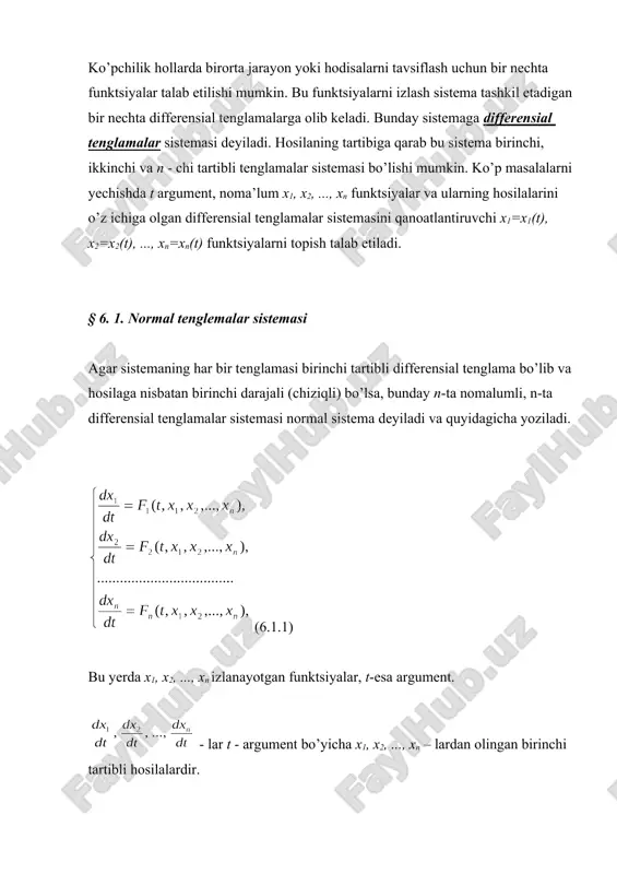 him xususiy uechim deb yuritiladi. masalaning umumiy uechimi esa, n-ta ixtiyoriy o’zgarmaslar orqali ushbu ko’rinishda yoziladi. (6.1.3) umumiy uechimni bilgan holda, masalaning xususiy uechimini topish (6.1.2) boshlangich shartlar yordamida o’zgarmas c1, c2, ..., cn aniqlash bilan hal etiladi. birinchi tartibli differensial tenglamalar sistemasi (6.1.1.) ni yuqori tartibli bitta differensial tenglamaga keltirish mumkin va aksincha. bu ikki holatni qaraymiz. 1. yordamchi funktsiya kiritish usuli. n-tartibli differensial tenglamani olaylik. y(n)=f(x,y,y’,y’’,...,y(n-1)) (6.1.4) quyidagicha belgilash kiritamiz: demak, yoki (6.1.5) bu tenglamalarning normal sistemasidir. 1-misol: ushbu uchinchi tartibli differensial tenglama normal sistemaga keltirilsin. yechish: belgilash kiritamiz yoki 2.birinchi tartibli n-ta differensial tenglamalar sistemasini, n-tartibli bitta differensial tenglamaga keltirish mumkin. buning uchun noma’lumlarni ketma-ket yo’qotish usulini qollaymiz. bu usul differensiallash kombinatsiyasi bilan olib borilib noma’lumlar ketma-ket kamaytiriladi. haqiqatdan ham, (6.1.5) ning bitta tenglamasini masalan birinchisini x bo’yicha differensiallaymiz. yoki ya’ni, (6.1.6) yana bir marta hosila olsak: yoki xuddi shunday davom ettirish natijasida, ushbu yangi sistemani hosil …