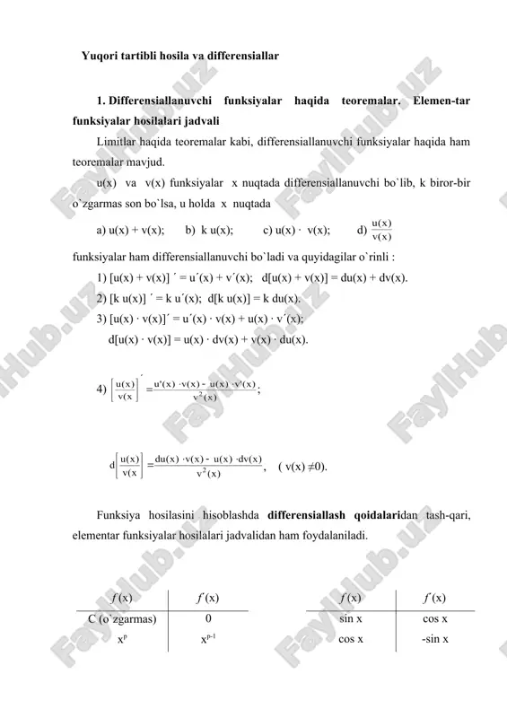 `paytmasiga teng. murakkab funksiya differensiali uchun dy = y((x0) · dx = f ((u0) · du tengliklar o`rinli, bu yerda du = g((x0) · dx. murakkab funksiya birinchi tartibli differensialini hisoblash uchun uning biror o`zgaruvchi bo`yicha hosilasini shu o`zgaruvchining differensialiga ko`paytirish yetarli. bun-da differensialni hisoblash shakli o`zgarishsiz qolib, o`zgaruvchilarning tanlanilishiga yoki ularning erkli yoki erksizligiga bog`liq emas.ushbu xossa birinchi tartibli differensial shaklining invariantlik xossasi deyiladi. misol. 1. funksiyaning birinchi tartibli hosilasi va differensialini hisoblaymiz: 2. y = xsin x (x > 0) funksiya hosilasini hisoblash uchun, dastlab tenglikning ikkala tomonini logarifmlaymiz va so`ngra hosila olamiz: (lny)( = (sin x · lnx)( . natijada, . 3. yuqori tartibli hosilalar va differensiallar y = f(x) funksiya uchun birinchi tartibli hosila y( aniqlangan bo`lsin. funksiyaning ikkinchi tartibli y(( hosilasi u( dan olinadigan hosila (agar uning mavjudlik sharti bajarilsa) sifatida aniqlanadi: y(( = (y()(. yuqoridagi mulohazani davom ettirib, funksiyaning uchinchi, to`r-tinchi va hokazo, ixtiyoriy …
