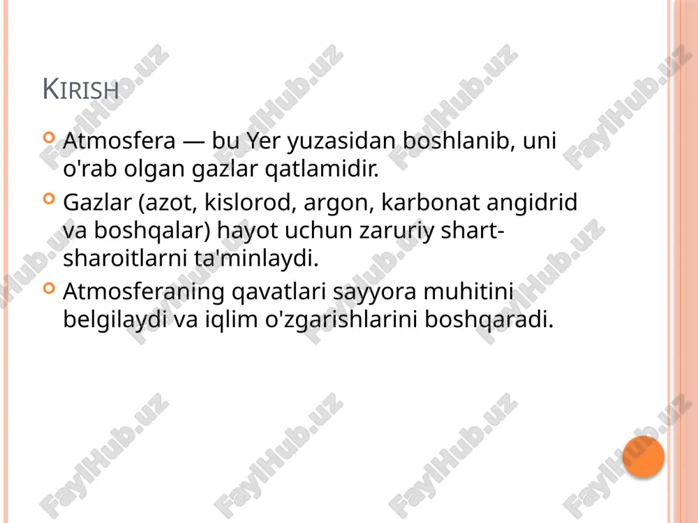 atmosferaning asosiy qavatlari: troposfera, stratosfera, mezosfera, termosfera va eksosfera bo’lib, har birining o’ziga xos xususiyatlari va funktsiyalari mavjud. 1. troposfera - ob-havo hodisalari va iqlimning 80%ini tashkil etadi, inson hayoti uchun muhimdir. 2. stratosfera - ozon qatlamini o’z ichiga oladi va uv nurlarini so’rash orqali tirik organizmlarni himoya qiladi. 3. mezosfera - meteorlardan himoya qilishda muhim rol o’ynaydi, chunki meteorlarda ro’y beradigan yondirish jarayonlari shu qatlamda sodir bo’ladi. 4. termosfera - yuqori haroratga ega va ionizatsiya jarayonlari uchun muhimdir, aurora hodisalari aynan shu qatlamda paydo bo’ladi. 5. eksosfera - juda yuqori balandlikda joylashgan, past zichlikdagi gazlardan iborat va sun’iy yo’ldoshlar uchun muhimdir. atmosferaning o’zgarishi, iqlim o’zgarishlari va inson faoliyati ta’siri natijasida, atmosferaning ifloslanishi global muammolarni keltirib chiqaradi. ushbu muammolarni hal qilish va atmosferani himoya qilish uchun har bir insonning o’z hissasini qo’shishi zarur. natija: atmosfera hayotimiz uchun zarur bo’lgan resurslarni taqdim etadi va uning saqlanishi kelajak avlodlar uchun muhim ahamiyatga …