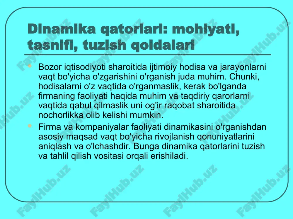 hadlarda ham faqat shu toifadagi aholi soni berilishi kerak; 4) dinamika qatorlarining ko'rsatkichlari hudud bo'yicha ham taqqoslama bo'lishi shart. masalan, buxoro viloyati bo'yicha keyingi 30 yilda erishilgan natijalarni tahlil qilish uchun dinamika qatorlari tuzildi. bu tuzilgan qator hadlarini taqqoslash mumkin emas, chunki keyingi 30 yil ichida buxoro viloyatining hududi o'zgardi, ya'ni undan navoiy viloyatiga qarashli tumanlar ajralib chiqdi, qo'shildi va yana ajraldi. demak, 30 yil uchun tuzilgan hadlarni taqqoslash uchun ularni hammasini buxoro viloyatining yoxud yangi, yoxud eski hududi bo'yicha hisoblash kerak; 5) dinamika qatori ko'rsatkichlari davrning uzun va qisqaligi bo'yicha ham bir xil bo'lishi kerak. dinamika qatorlari hodisalarni tavsiflash vaqtiga qarab, payt(moment)li va davriy dinamika qatorlariga bo'linadi. paytli dinamika qatorlari o'rganilayotgan hodisa va jarayonlarni ma'lum bir aniq payt (moment)ga holatini ifodalaydi, aks ettiradi. masalan, aholi soni, kassadagi pul qoldig'ini faqatgina ma'lum paytga hisoblanadi. davriy dinamika qatorlarida esa hadlar shu davr oralig'i (interval)da beriladi. masalan, bir oy (yoki yil) da …