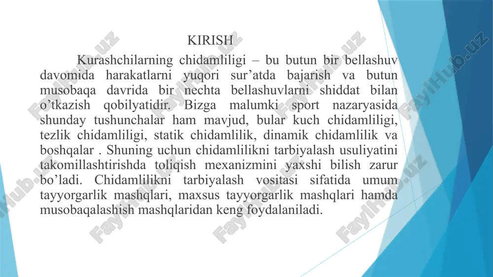 nergiya ishlab chiqarishi binobarin ko‘proq ish bajarishi mumkin. sportchining yoshi va malakasiga qarab kislorod istemol qilish me’yori “kim” ko‘rsatkichi ortib boradi. anaerob imkoniyatlarni oshirish vaqtida uch vazifa xal qilinadi : 1. kimni rivojlantirish; 2. ancha uzoq vaqt mobaynida kimni saqlab qolish qobilyatini rivojlantirish; 3. nafas olish jarayonlarini kengaytirish tezligini maksimal darajaga qadar takomillashtirib borish; yurak va nafas olish azolari ish unumdorligini maksimal darajaga ko‘tarish hamda kislorod istemol qilishini yuqori darajasini uzoq vaqt mobaynida saqlab qolishga erishish imkoniyatini beradigan mashqlar umumiy chidamlilikni rivojlanitirish vositalari hisoblanadi. bunda yana iloji boricha ko‘proq kattaroq hajmdagi muskul massasi ishtirok etadigan xarakteri mashqlar (krosslar o‘rtacha mo‘tadil surat bilan yugurish va hokazolar)dan xos foydalanishga harakat qilishadi. unga yuqori bo‘lmagan intensevlik bilan bir tekis sur’atda yugurish dzyudochilar bilan umumiy chidamlilikni tarbiyalash bo‘yicha olib boriladigan mashg‘ulotlarning asosiy vositasi hisoblanadi. 25-30 minutga qadar oshirib boriladi. tezlik bo‘yicha chidamlilik ish xarakteri yuzasidan maksimal va submaksimal quvvatdagi sport turiga kiritiladigan mashqlar uchun …