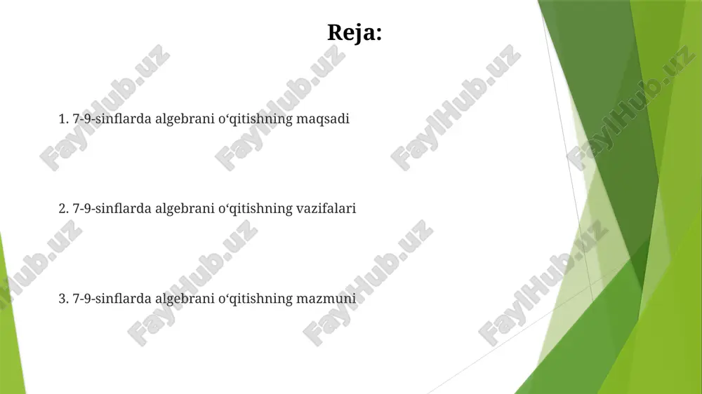 nf algebra kursida ko'phadlarni ko'paytirish, standart shaklga keltirish, yig'indining kvadrati, ayirmaning kvadrati va ularning tatbiqlari chuqur o'rganiladi. kvadrat ildizlar, haqiqiy sonlar to'plami, ratsional va irratsional sonlar tushunchalari, shuningdek, kvadrat ildizli ifodalarni soddalashtirish usullari o'zlashtiriladi. 9-sinf algebra kursining mazmuni 9-sinf algebra kursida irratsional tenglamalar va tengsizliklar chuqur o'rganiladi, ildiz ostidagi ifodalar bilan amallar bajarish ko'nikmalari shakllantiriladi. kvadrat funksiyalar va ularning grafiklari, parabola xususiyatlari, koordinatalar tekisligida siljitishlar va 9-sinfda funksiyalarni o'rganishning muhim qismi hisoblanadi. sonlar va amallar "sonlar va amallar" boʻlimi natural sonlar, butun sonlar, ratsional sonlar va ularning xossalari, masalan, 0 va 1 ning rolini oʻz ichiga oladi. ushbu boʻlim kasrlar ustida amallar bajarishni, oʻnli kasrlarni, foizlarni va proporsiyalarni oʻrganishni ham qamrab oladi, bu esa 7-9 sinflarda juda muhimdir. algebraik ifodalar algebraik ifodalar sonlar, o'zgaruvchilar (misol uchun, x, y), amallar (+, -, *, /) va qavslardan iborat bo'lib, 3x + 2y - 5 kabi matematik ifodalarni anglatadi. darajali ifodalar algebraik ifodalarning …