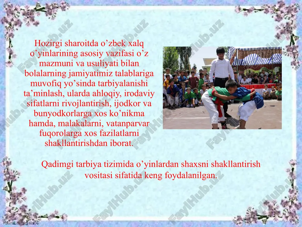 nadi. o’yin jarayonida kichik maktab yoshidagi o’quvchilar, ijod, moddiy va ma’naviy boyliklar yaratishning vositasi, nihoyat, quvonchli va zavq-shavq manbai bo’lgan mehnat xususiyatlariga doir tushunchalar shakllanadi, ular jamoa mehnatining bilib oladilar. o’zbek xalq o’yinlari kichik maktab yoshidagi o’quvchilarda bilish imkoniyatlari va tafakkurini rivojlantirish, ular xotirasini buyumlar hamda tabiat-ijtimoiy hayot voqealari to’g’risidagi turli ma’lumotlar bilan boyitish, so’z boyligini kamaytirish, ma’naviy qiziqish va ehtiyojlarini tarbiyalashning ajoyib manbai hisoblanadi. o’zbek xalq o’yinlarning juda katta tarbiyaviy imkoniyatlarini o’quvchilarda qat’iylik va dalillik kabi iroda sifatlari shakllanishida ko’rish mumkin. jismoniy mashqlar bilan shug’ilanish jarayonida bolada shuningdek harakat xotirasi ham rivojlanadi. kichik maktab yoshidagi o’quvchilar jismoniy tarbiya darslarida, tahlil, sentez va taqqoslash usullarini egallab oladilar. shuningdek o’quvchilarda sezgi, diqqat, idrok, xotira, xayol singari psixik jarayonlarning amalga oshishining ayrim xususiyatlarini tahlil qilishda hamda o’zbek xalq o’yinlarning tarbiyaviy imkoniyatlari yaqqolroq anglanadi. o’yin jarayonida idrok kichik maktab yoshidagi o’quvchilarda ko’zatuvchanlikni tarbiyalaydi. kichik maktab yoshidagi bolalarda irodani tarkib topishi munosabati bilan ixtiyoriy …