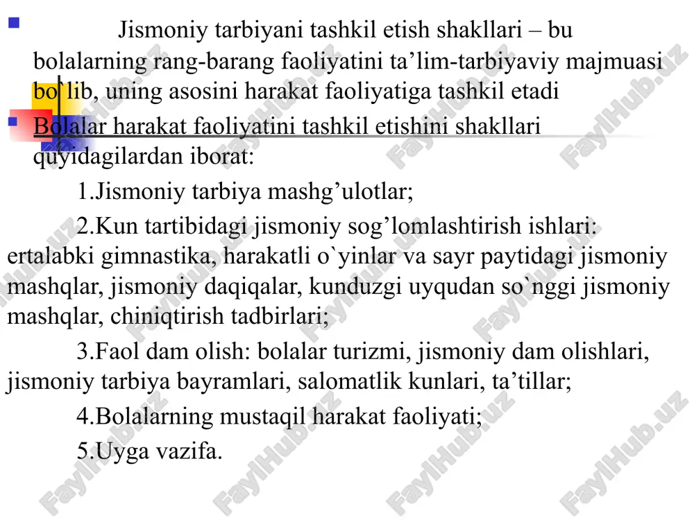 emotsional kayfiyat paydo qilishdan, diqqatning tayyorgarlik darajasini tekshirishdan, ayrim harakat ko`nikmalarini aniqlashtirishdan, bola organizmini asta-sekin mashg’ulotning asosiy qismida kechadigan birmuncha intensiv tez faoliyatga tayyorlashdan iboratdir. bunday mashqlarga quyidagilar kiradi: -saflanish mashqlari – turlicha saflanishlar va qayta saflanishlar; -turli topshiriqlar bilan bajariladigan yurish va yugurish; -tarqalib yengil yugurish hamda keyinchalik katta va kichik davra, kolonna va hakozo bo`lib saflanish; -turli ko’rinishdagi va yassitovonlikning oldini olish maqsadidagi yurishlar tovonda, oyoq uchida, poldagi qalin shnur ustida, narvonda yurish va boshqalar. kirish qismi bolalarning kolonnaga uch to`rttadan bo`lib saflanishi, tarqalishi… bilan yakunlanadi. bu bolalarni mashg’ulotning asosiy qismi boshlanishidagi umumrivojlantiruvchi mashqlarni o`rgatishga o`tish uchun xizmat qiladi. bu qism kichik guruhlarda 2-4 daqiqagacha, o`rta guruhlarda 3 dan 5 daqiqagacha, katta guruhlarda 4 dan 6 daqiqagacha, davom etadi. mashg’ulotning asosiy qismi vazifalari va mazmuni. mashg’ulotning bu qismida bir holatda dastlab bolalarni umumrivojlantiruvchi mashqlarga, so`ngra asosiy harakatlarga o`rgatish va jismoniy sifatlarni tarbiyalash vazifalari belgilanadi; ikkinchi bir holatda asosiy …